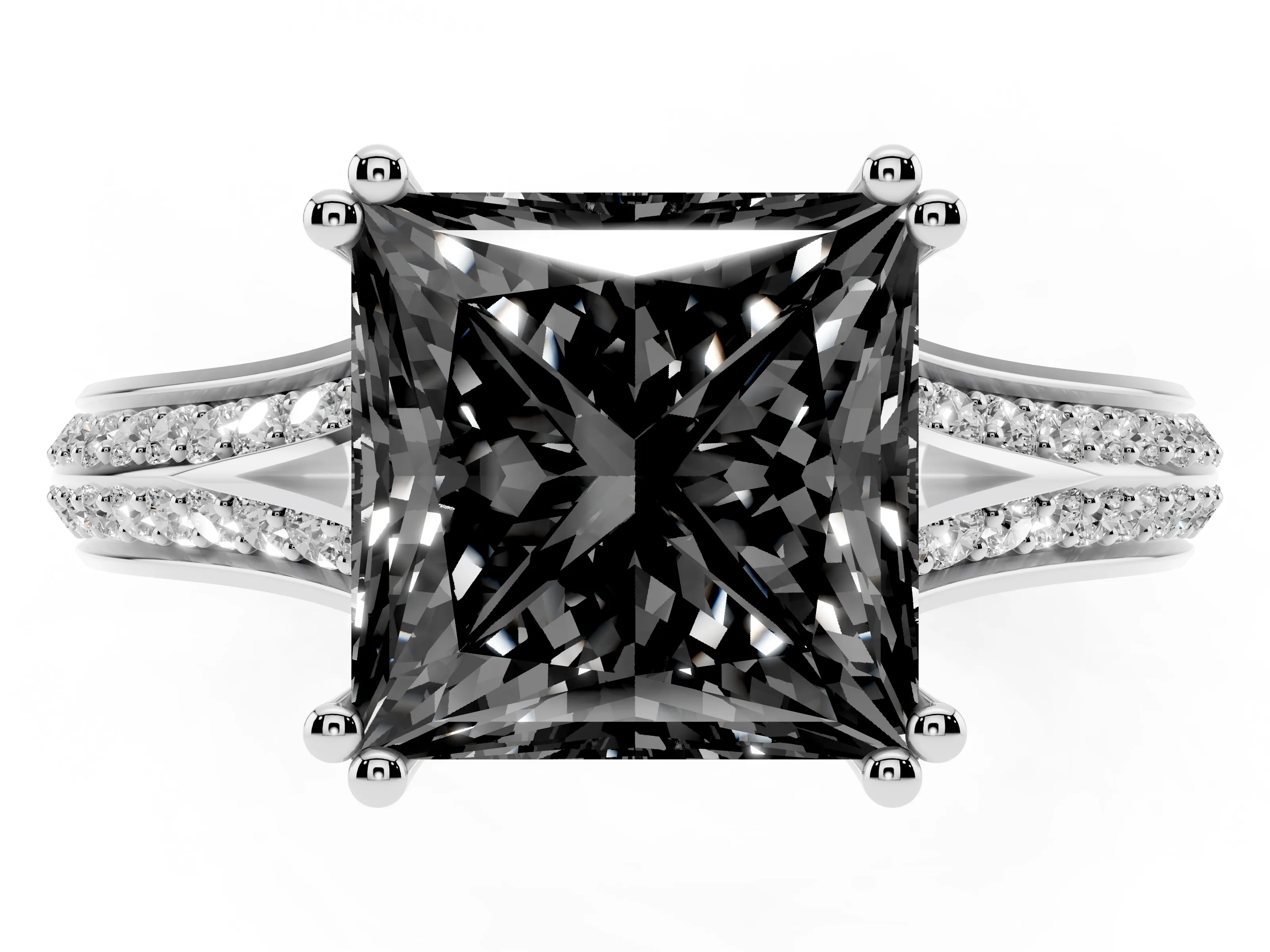 Fancy Black Princess Cut Diamond Split Shank Pavé Engagement Ring Set in Silver with Prong-Set Center Stone
