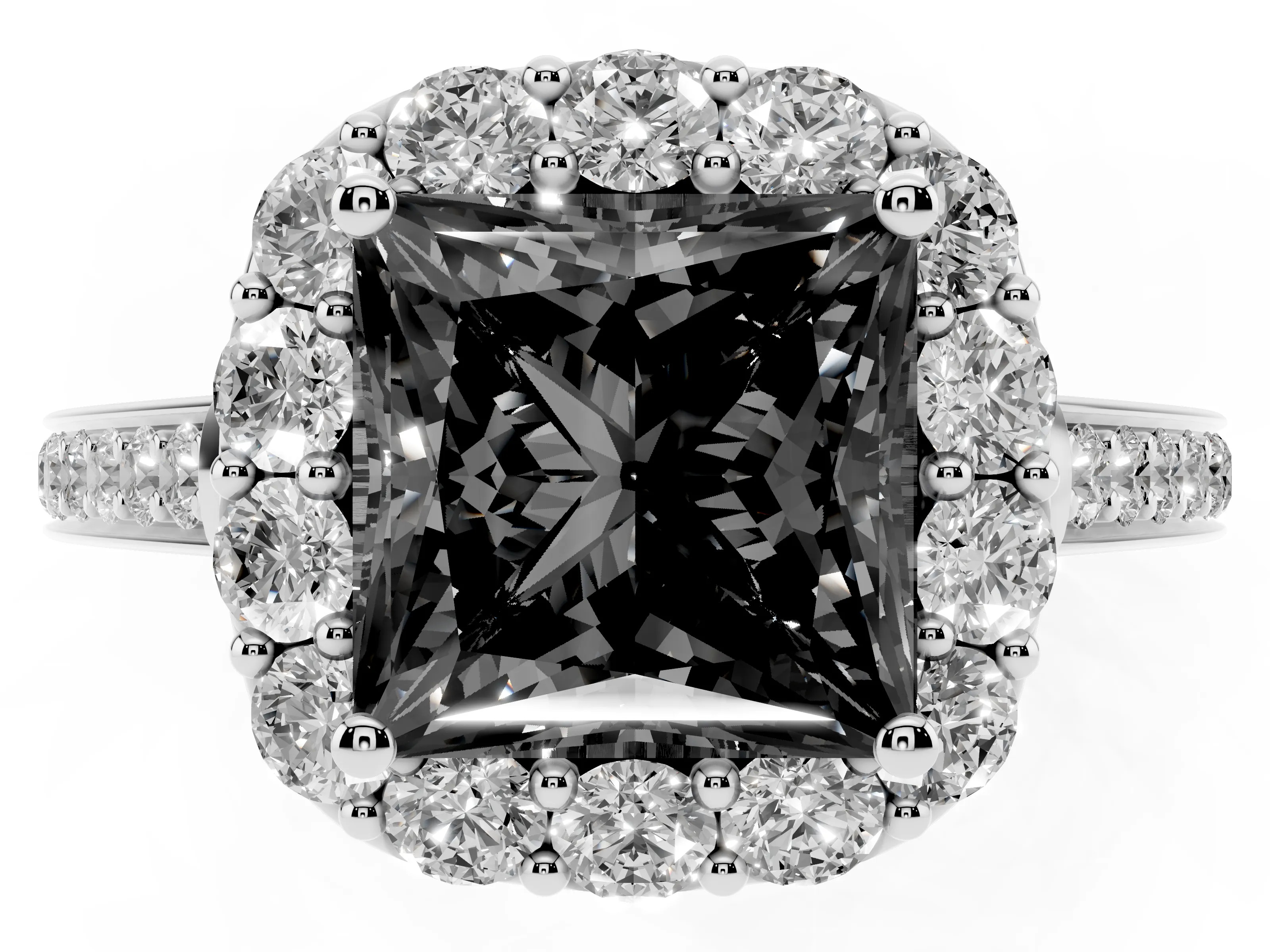 Fancy Black Princess Cut Diamond Floral Halo Ring Set in Platinum with Pavé Band and Prong Setting