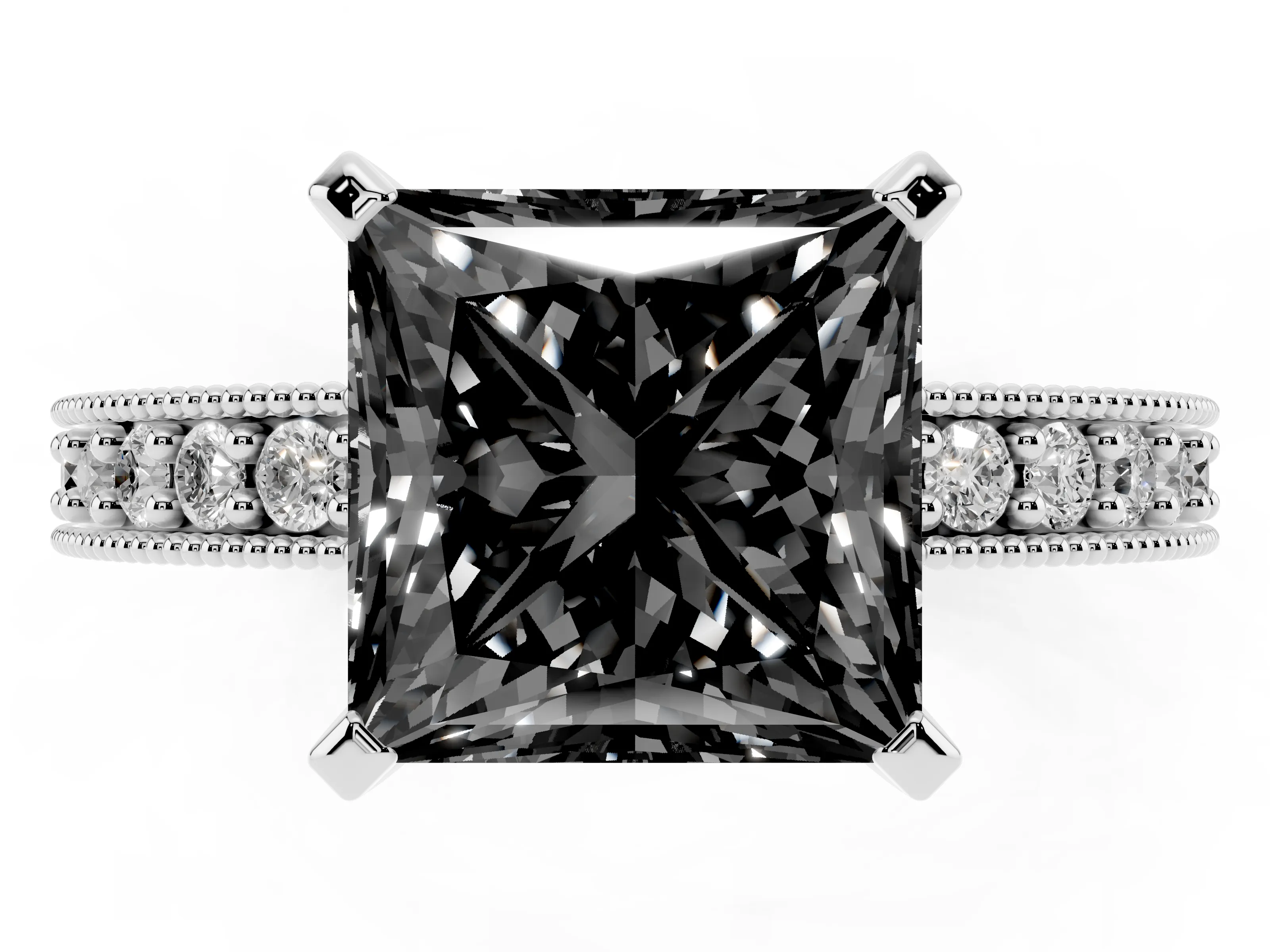Fancy Black Princess Cut Diamond Milgrain Pavé Engagement Ring Set in Platinum with Prong Setting