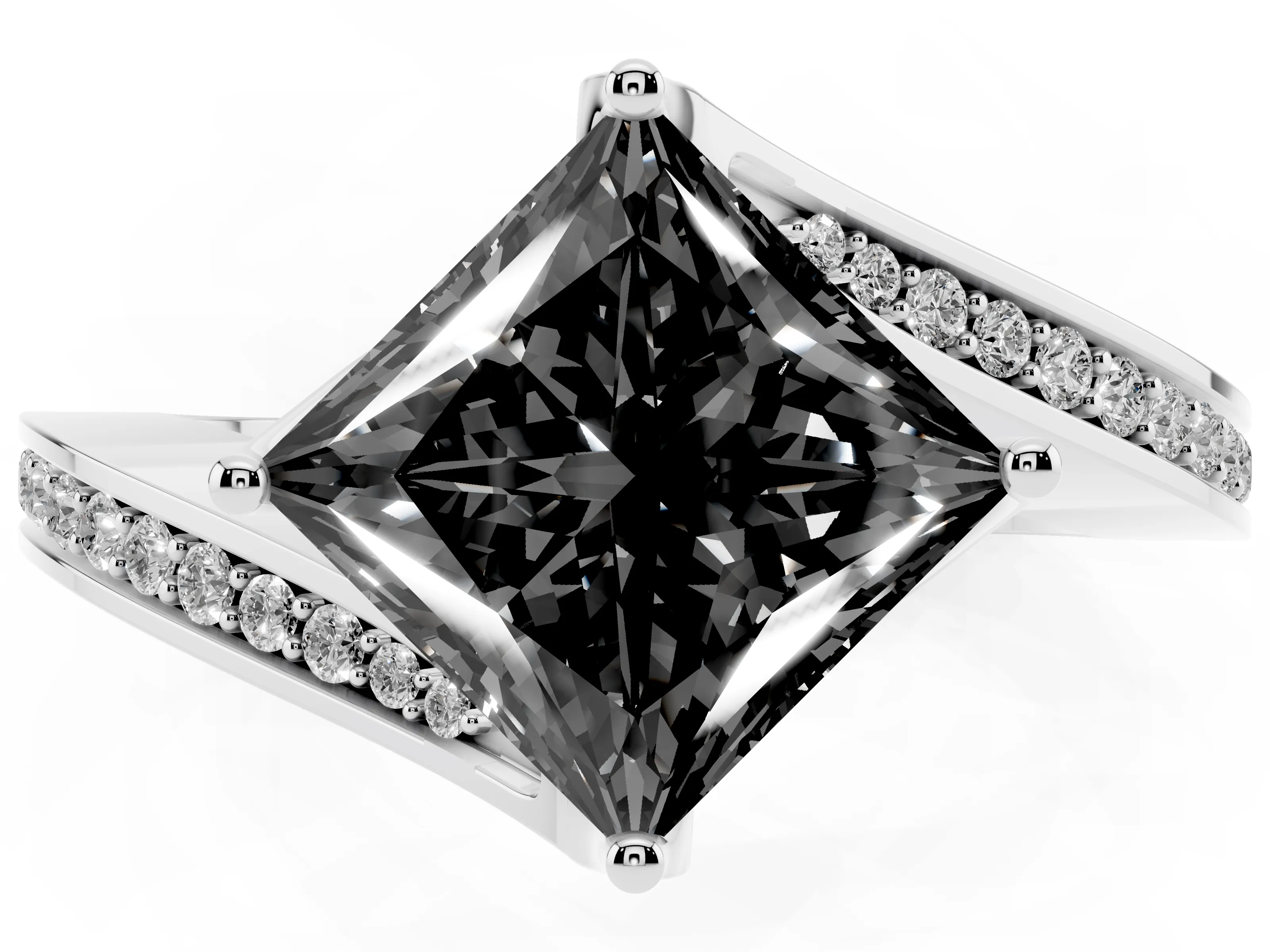 Fancy Black Princess Cut Diamond Solitaire Ring Set in Platinum with Intertwined Pavé Twist Band