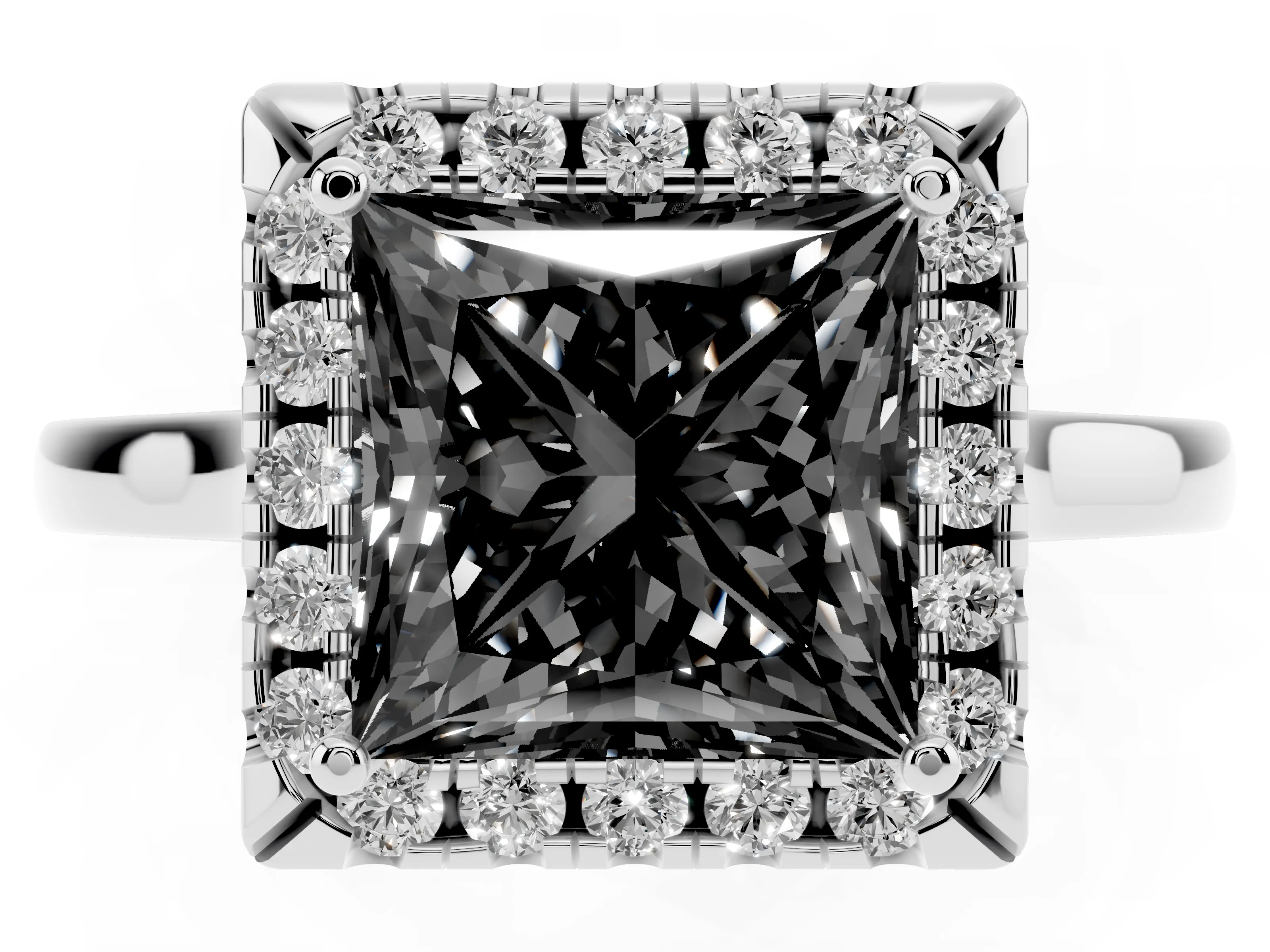 Fancy Black Princess Cut Halo Round Diamond Solitaire Ring Set in Platinum with Pavé Band and Prong Setting