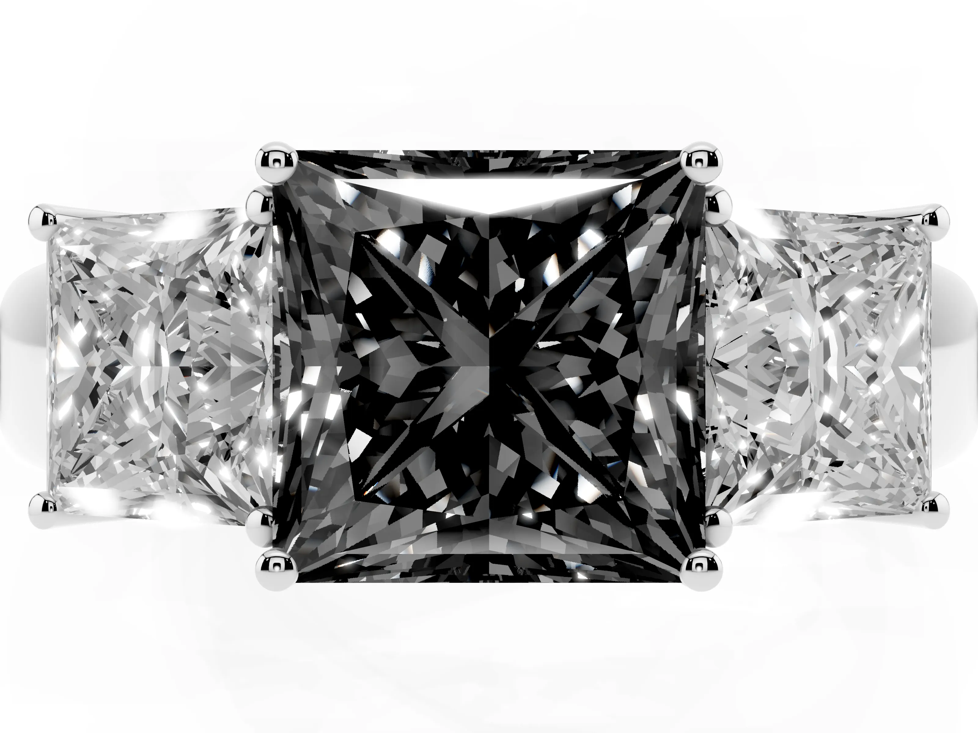 Fancy Black Three-Stone Princess Cut Diamond Ring Set in White gold with Matching Prong Settings and Plain Band