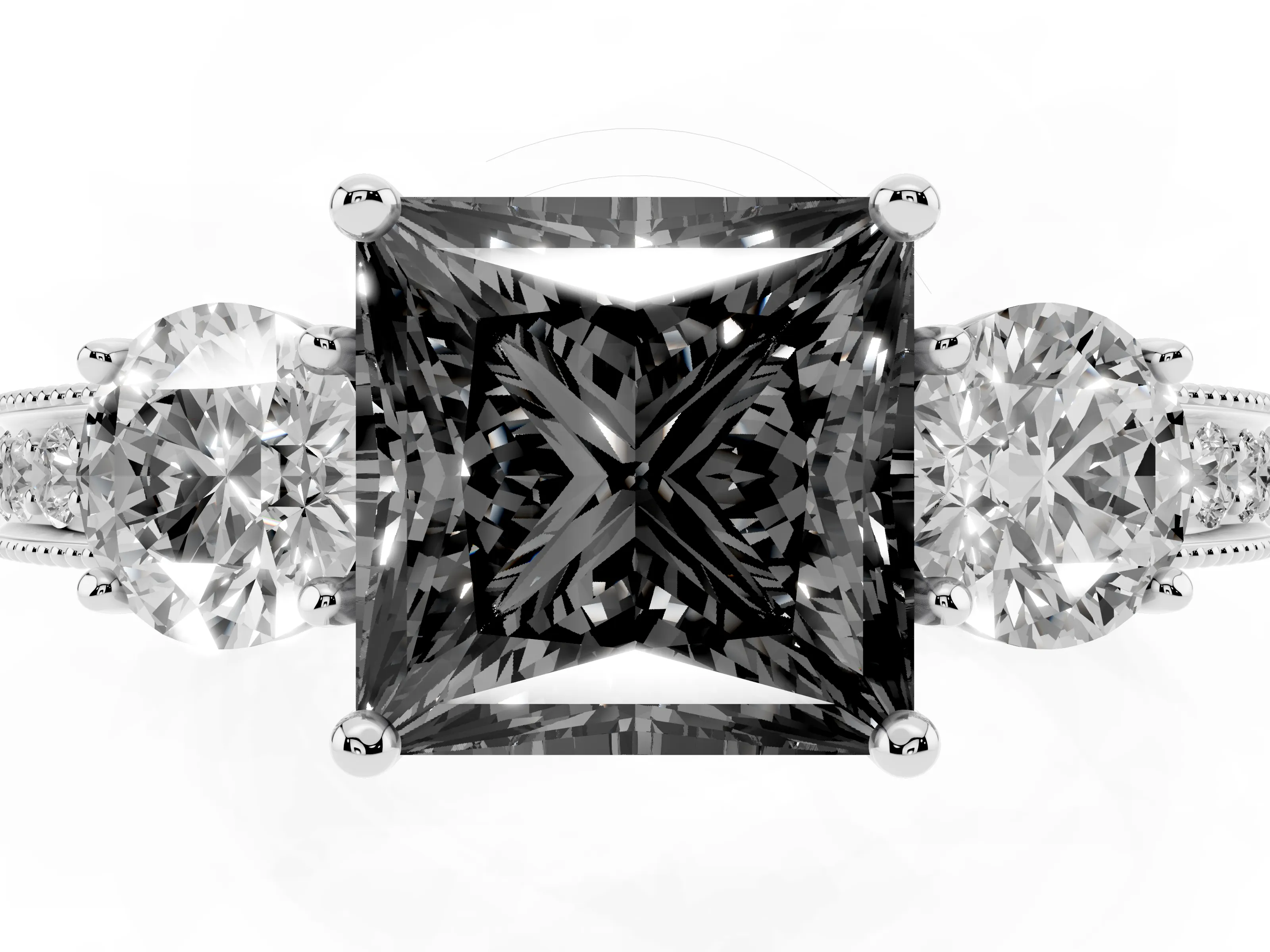 Fancy Black Princess Cut Diamond Three-Stone Ring Set in White gold with Round Side Stones and Pavé Band