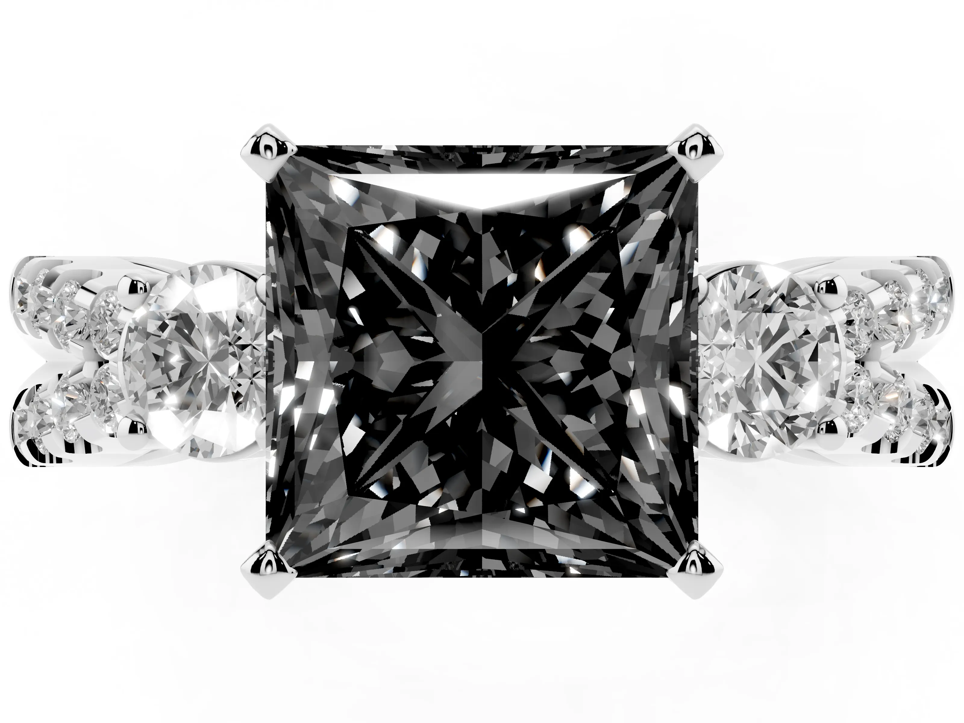 Fancy Black Princess Cut Diamond Three-Stone Ring Set in Silver with Pavé Split Shank and Prong Setting