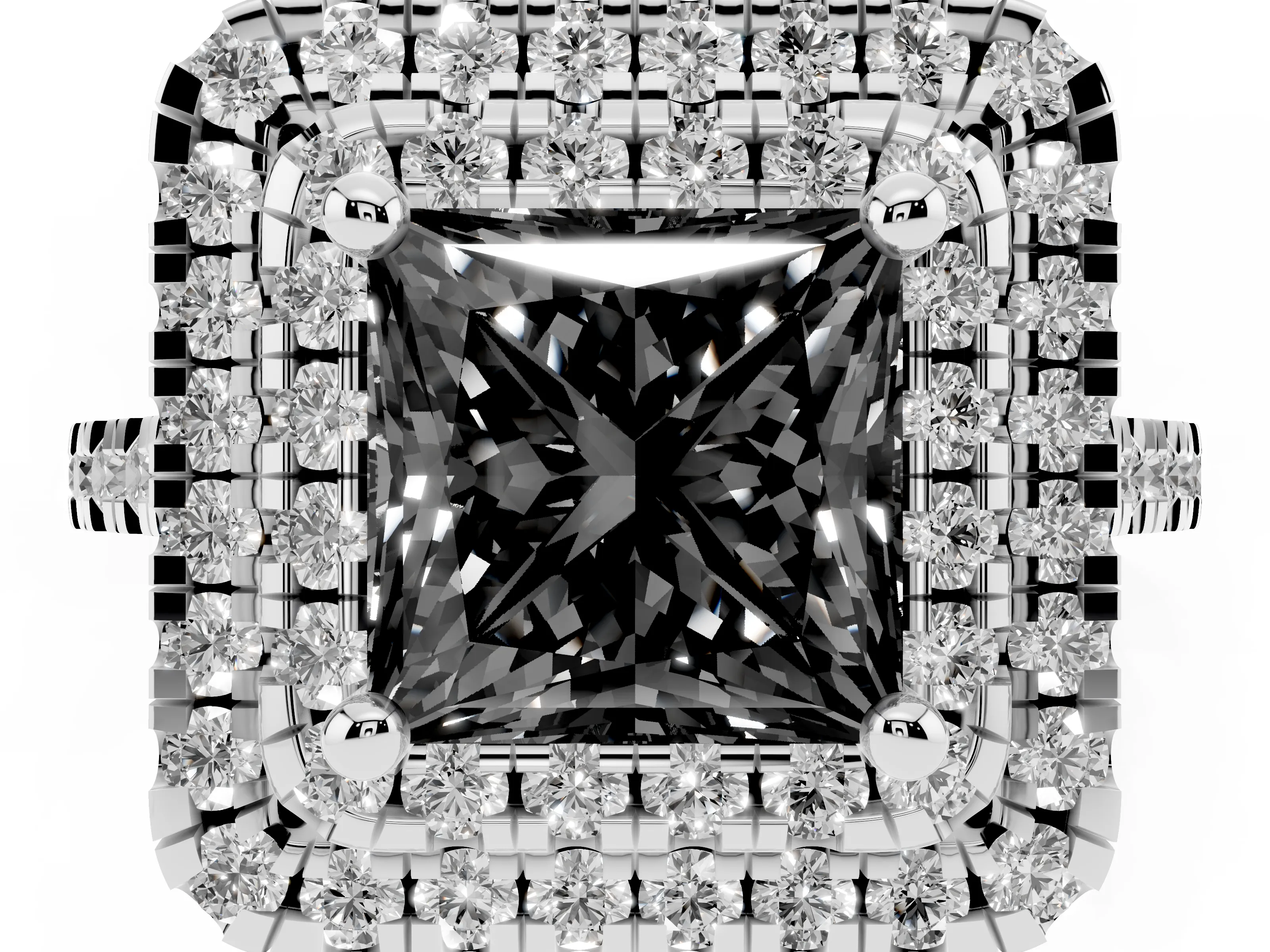 Fancy Black Princess Cut Diamond Double Halo Statement Ring Set in White gold with Pavé Band