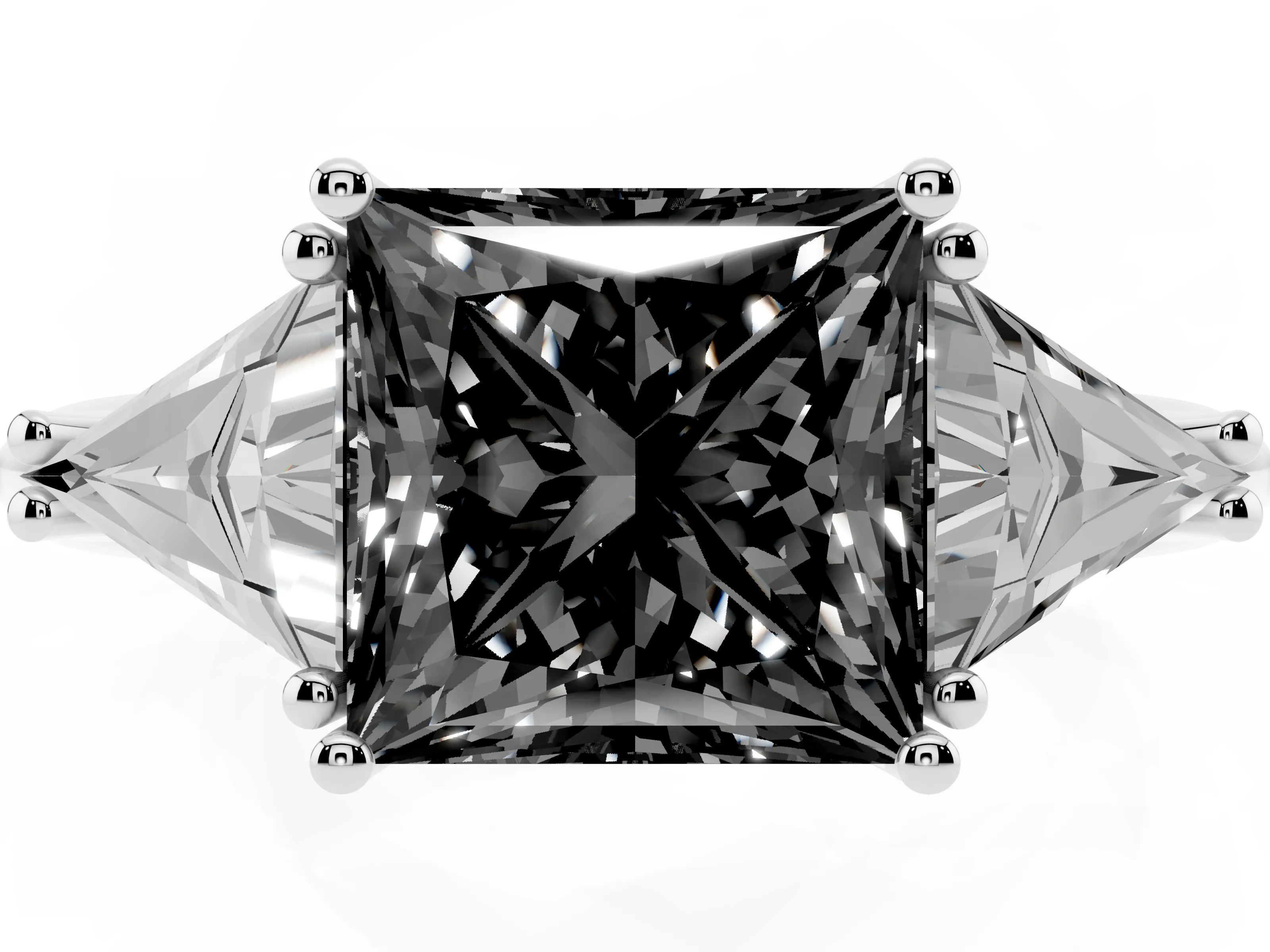 Fancy Black Princess Cut Diamond Three-Stone Engagement Ring Set in Silver with Trillion Side Stones