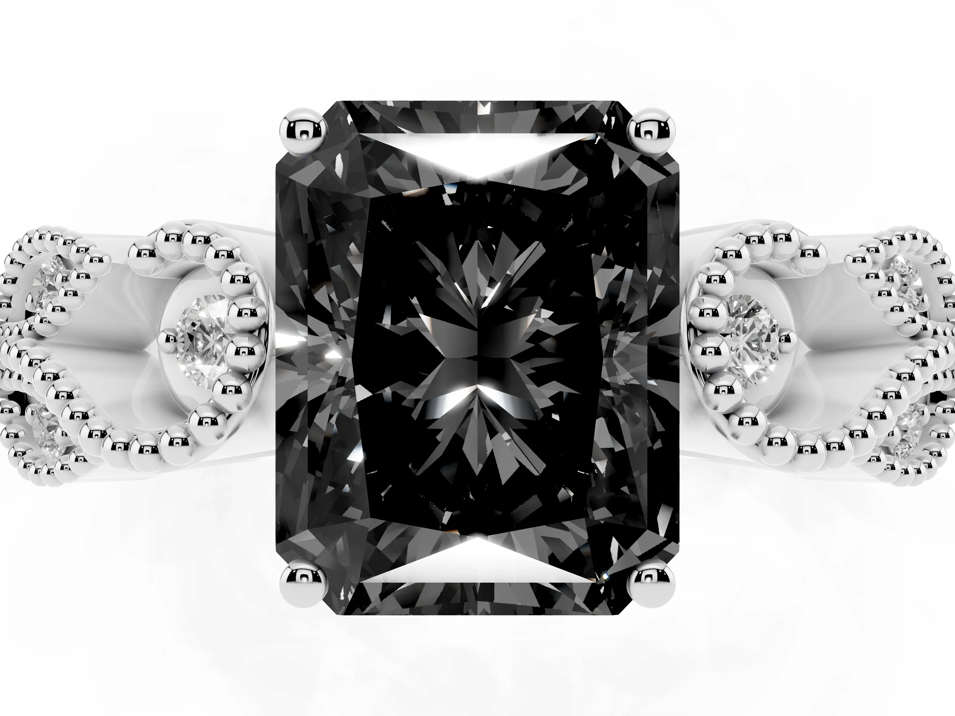 Fancy Black Princess Cut Diamond Milgrain Leaf Band Solitaire Ring Set in White gold with Accent Stones and Prong Setting