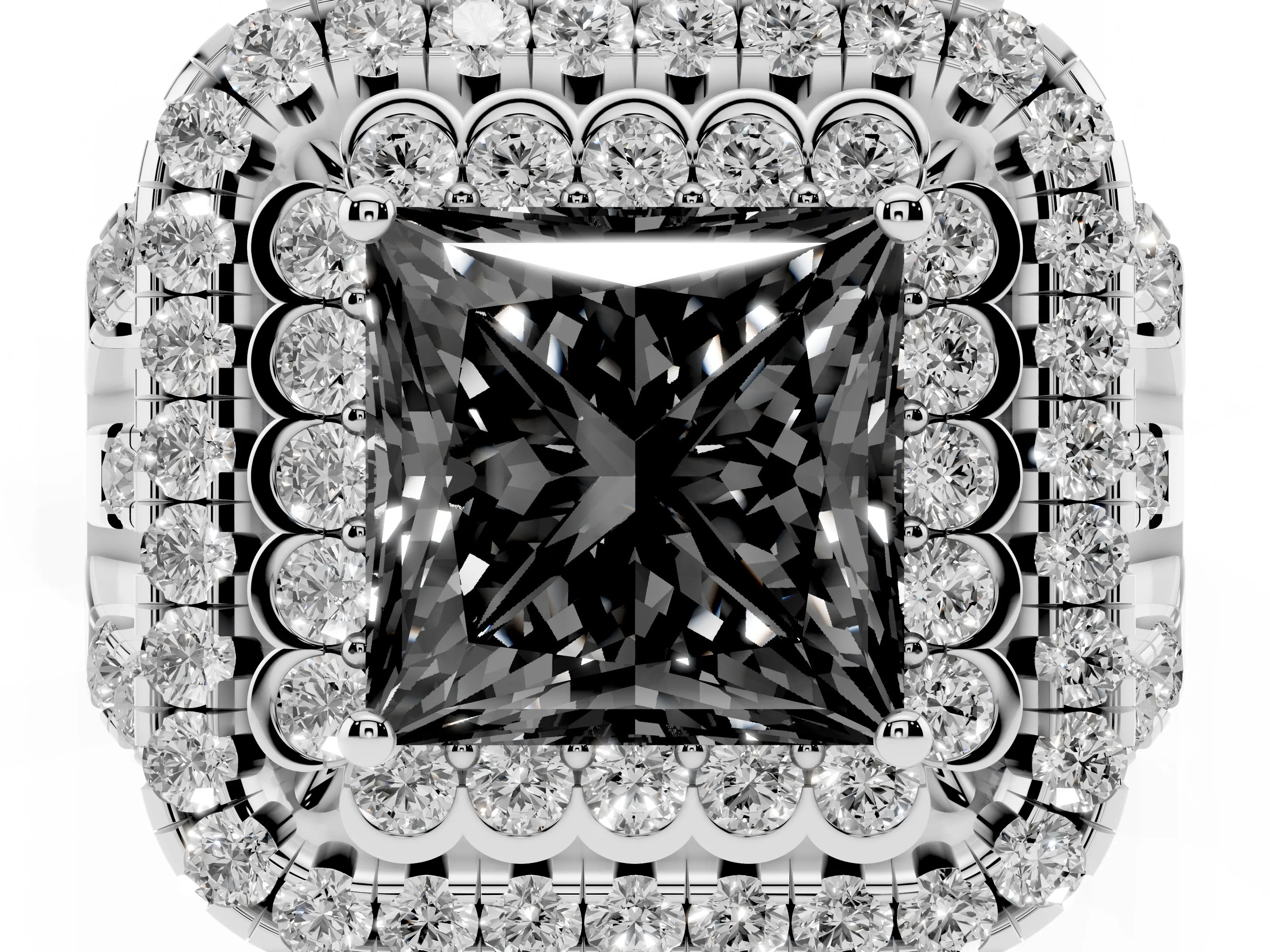 Fancy Black Princess Cut Diamond Double Halo Ring Set in White gold with Round Pavé Split Shank