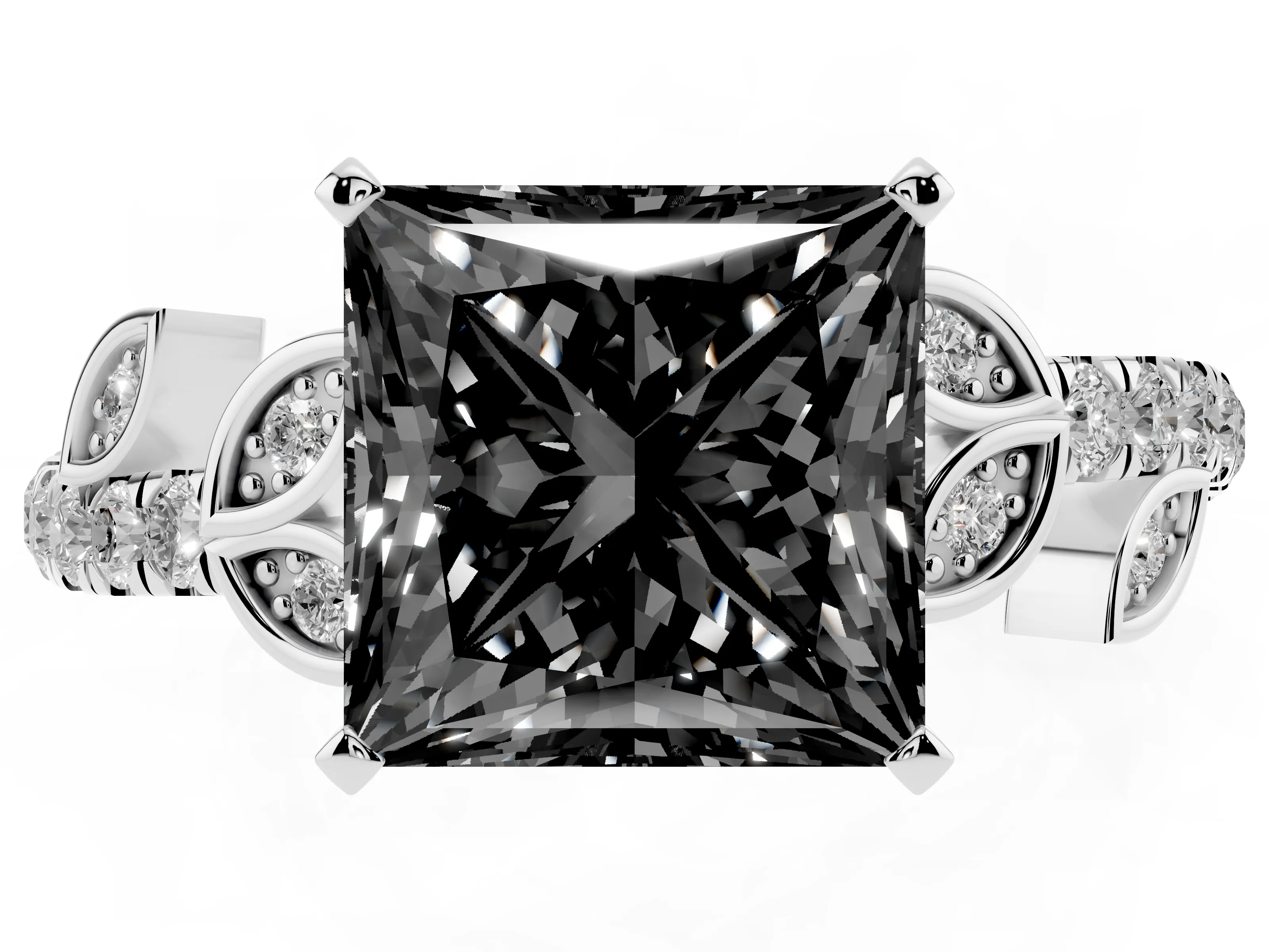 Fancy Black Princess Cut Diamond Solitaire Leaf-Inspired Ring Set in Platinum with Pavé Band and Prong Setting