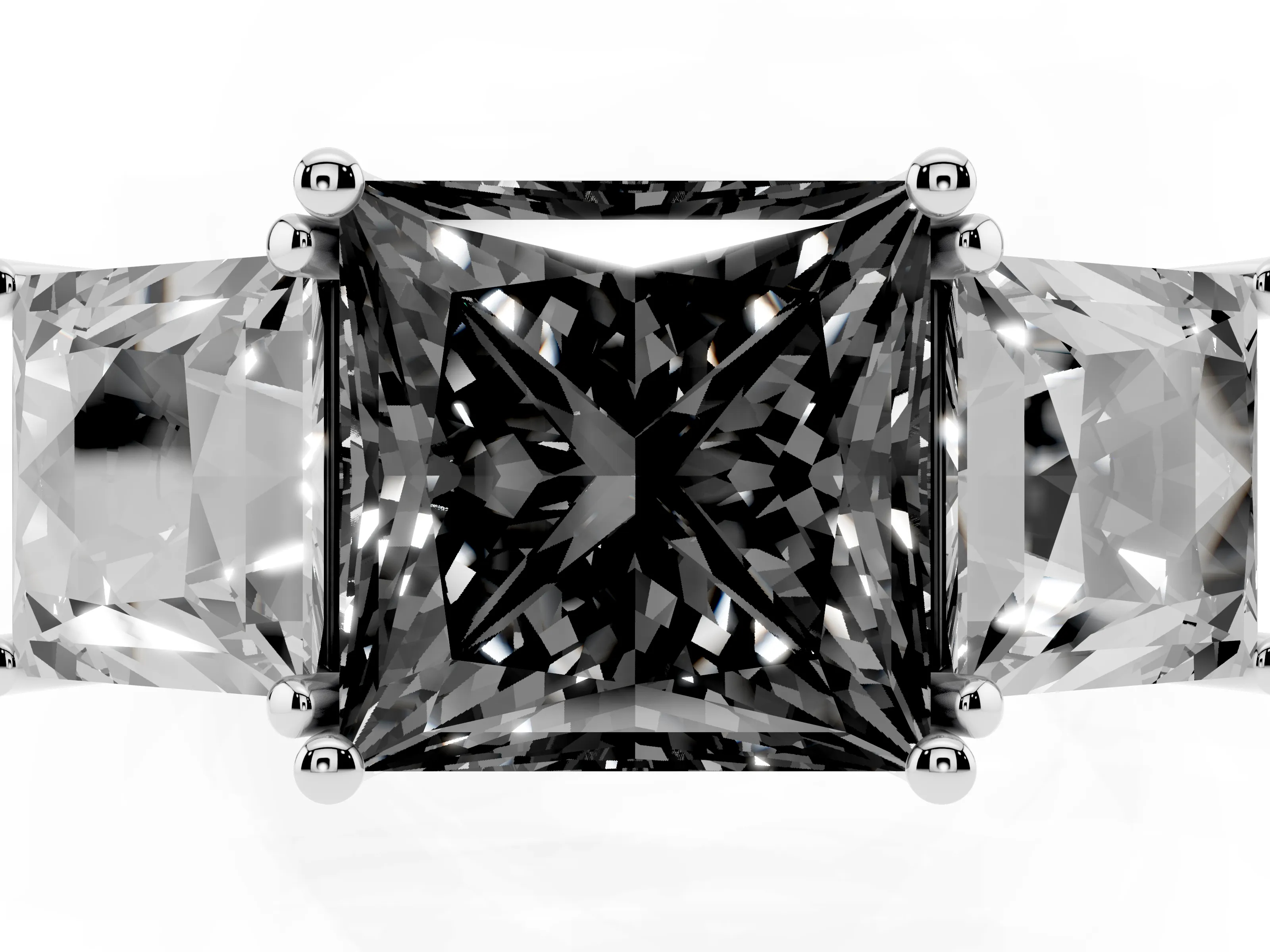 Fancy Black Princess Cut Diamond Three-Stone Ring Set in White gold with Pavé Band