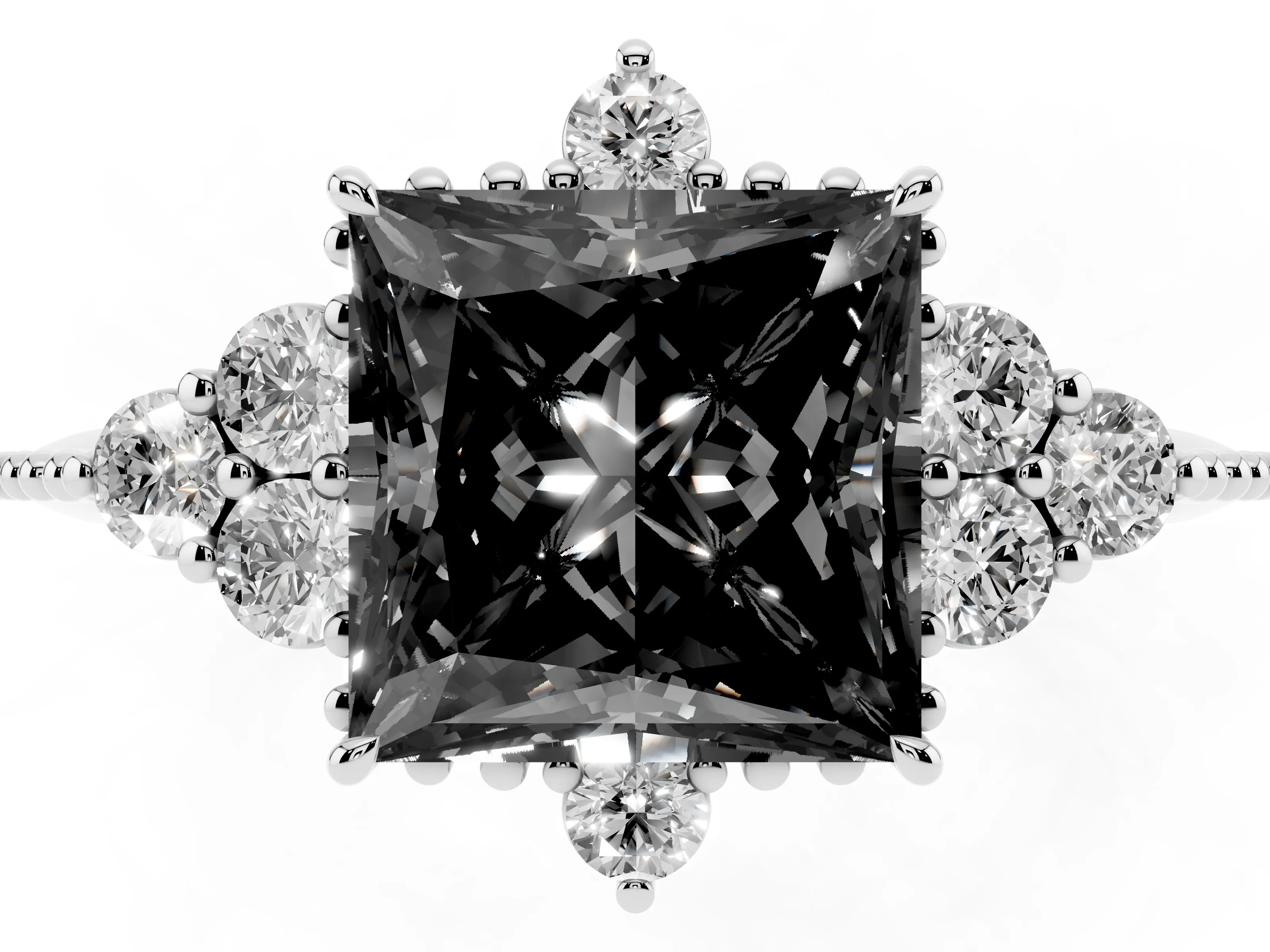 Fancy Black Princess Cut Diamond Cluster Ring Set in Silver with Beaded Band