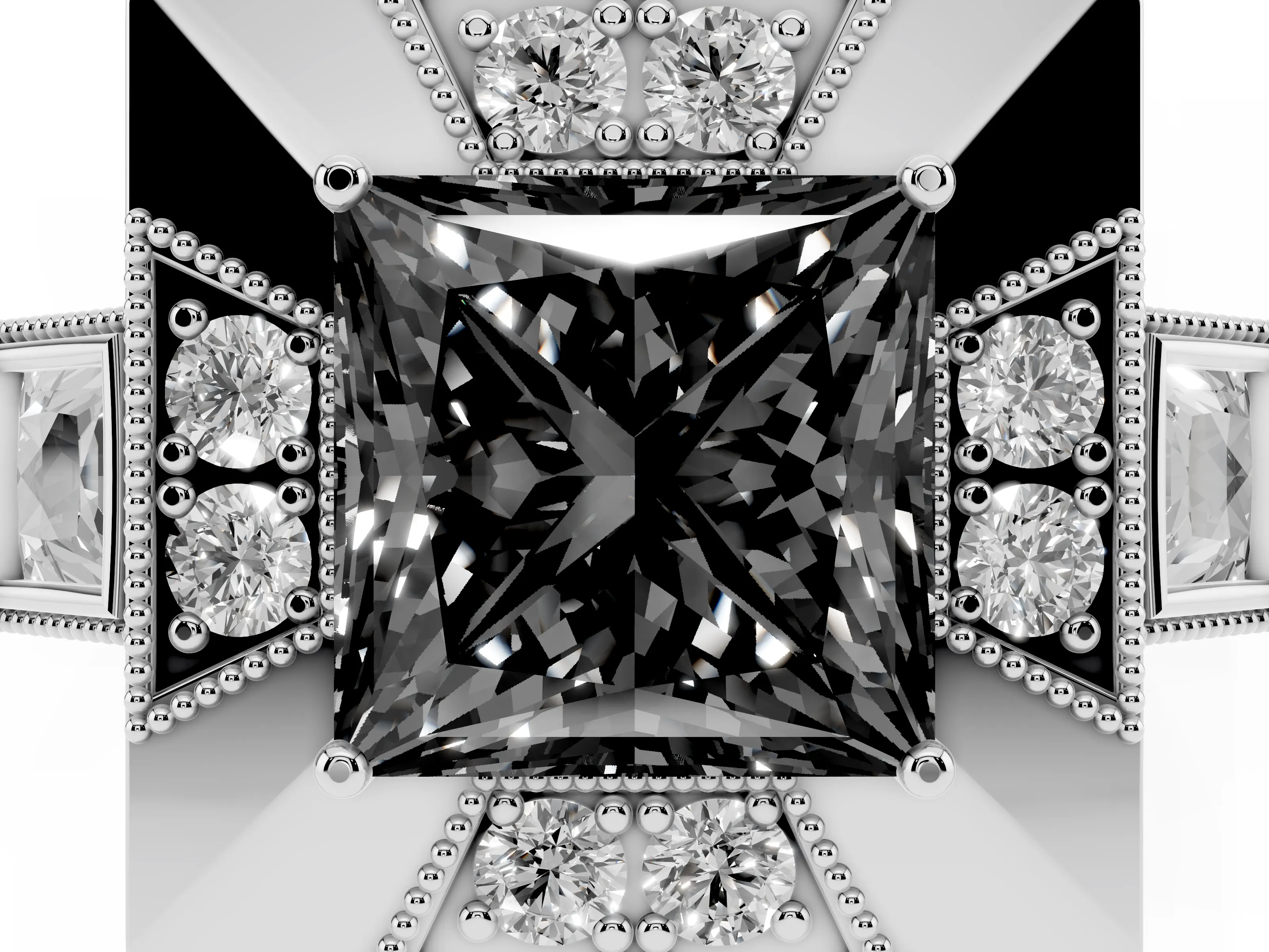 Fancy Black Princess Cut Diamond Milgrain Halo Ring Set in Silver with Split Shank