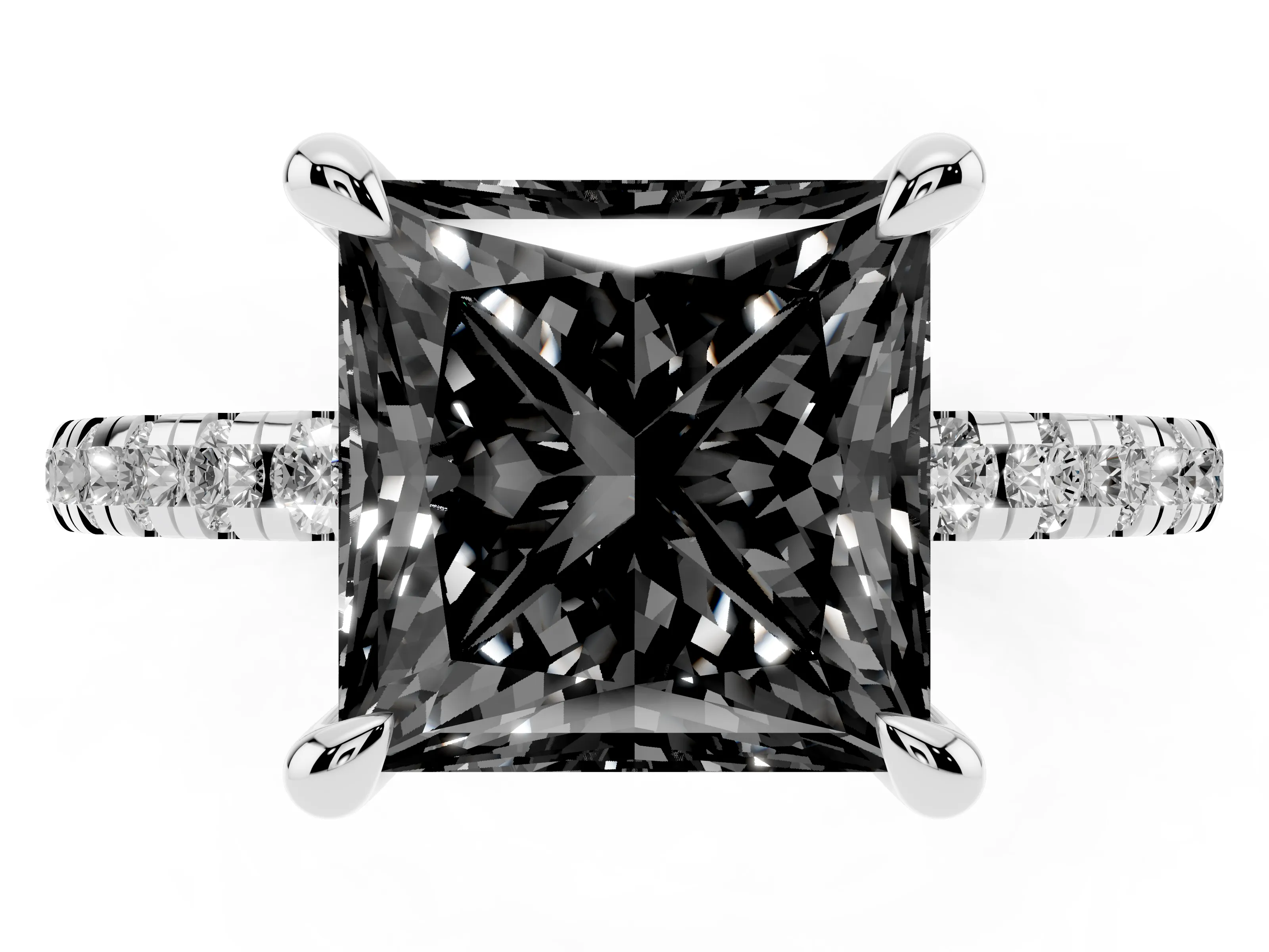 Fancy Black Princess Cut Diamond Brilliant Solitaire Ring Set in White gold with Pavé Band and Prong Setting