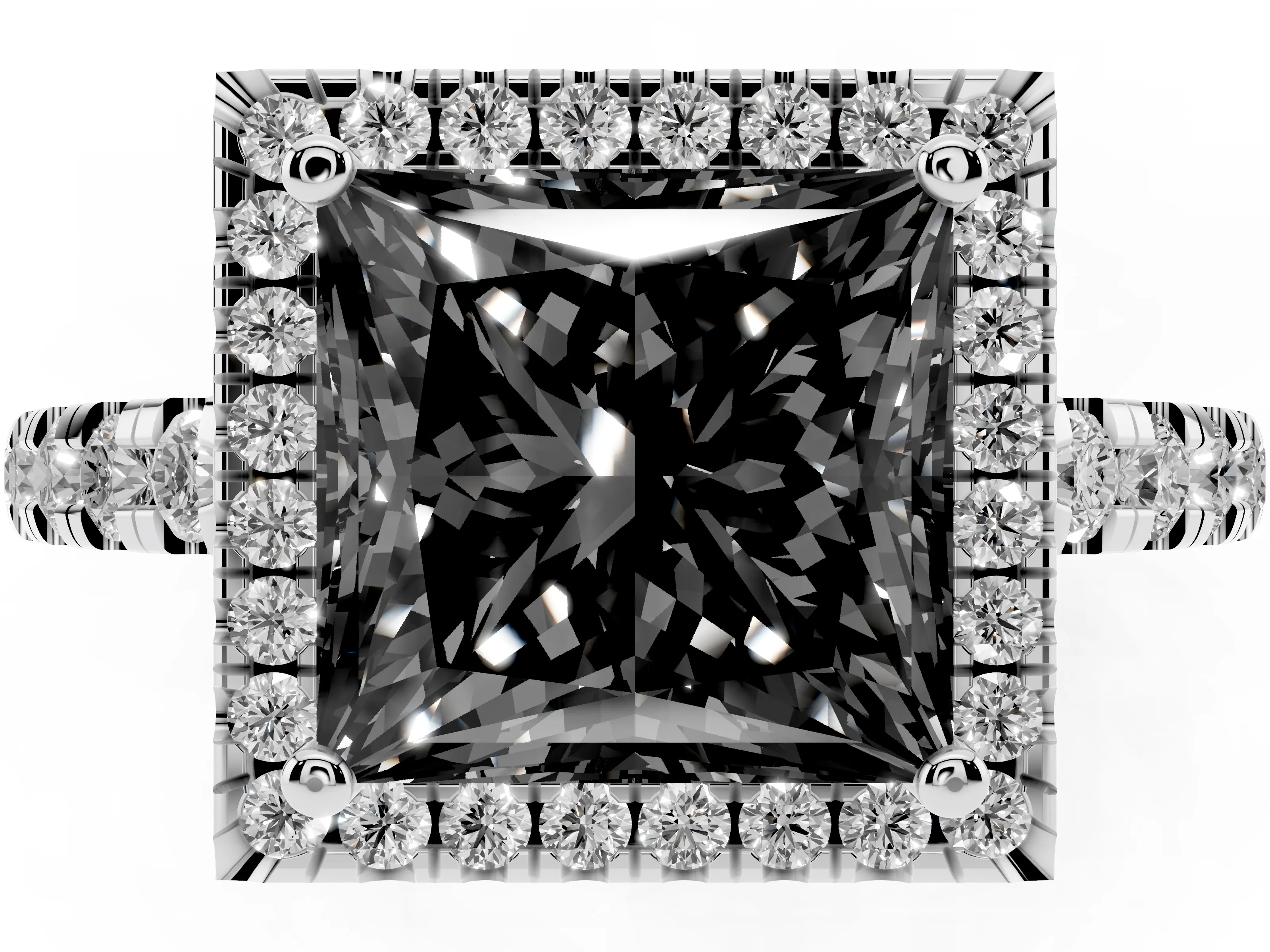 Fancy Black Princess Cut Diamond Halo Ring Set in Platinum with Delicate Pavé Band and Prong Setting