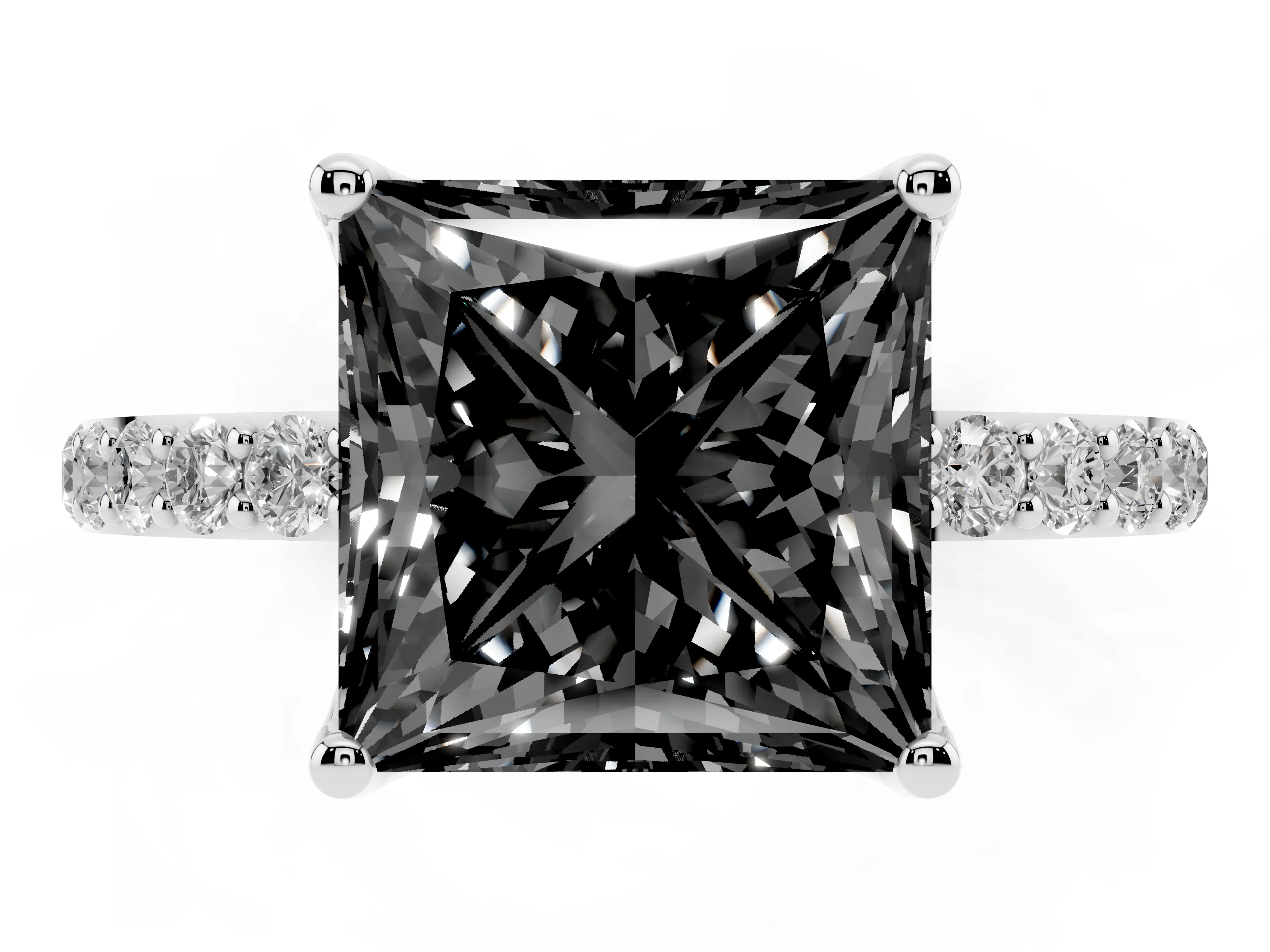 Fancy Black Princess Cut Diamond Solitaire Engagement Ring Set in Platinum with Round Pavé Band and Prong Setting