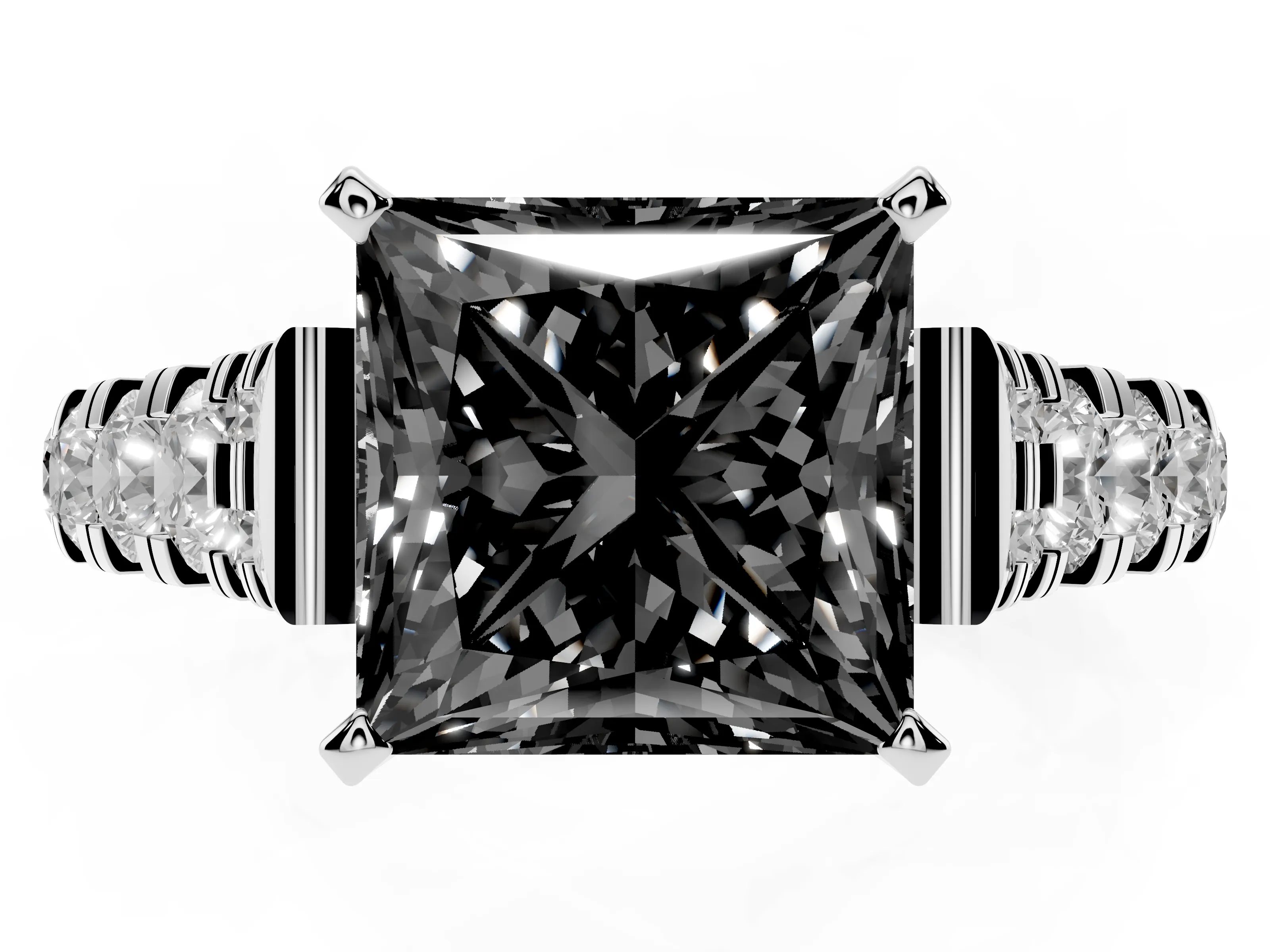 Fancy Black Princess Cut Diamond Classic Solitaire Ring Set in Silver with Pavé Band and Prong Setting