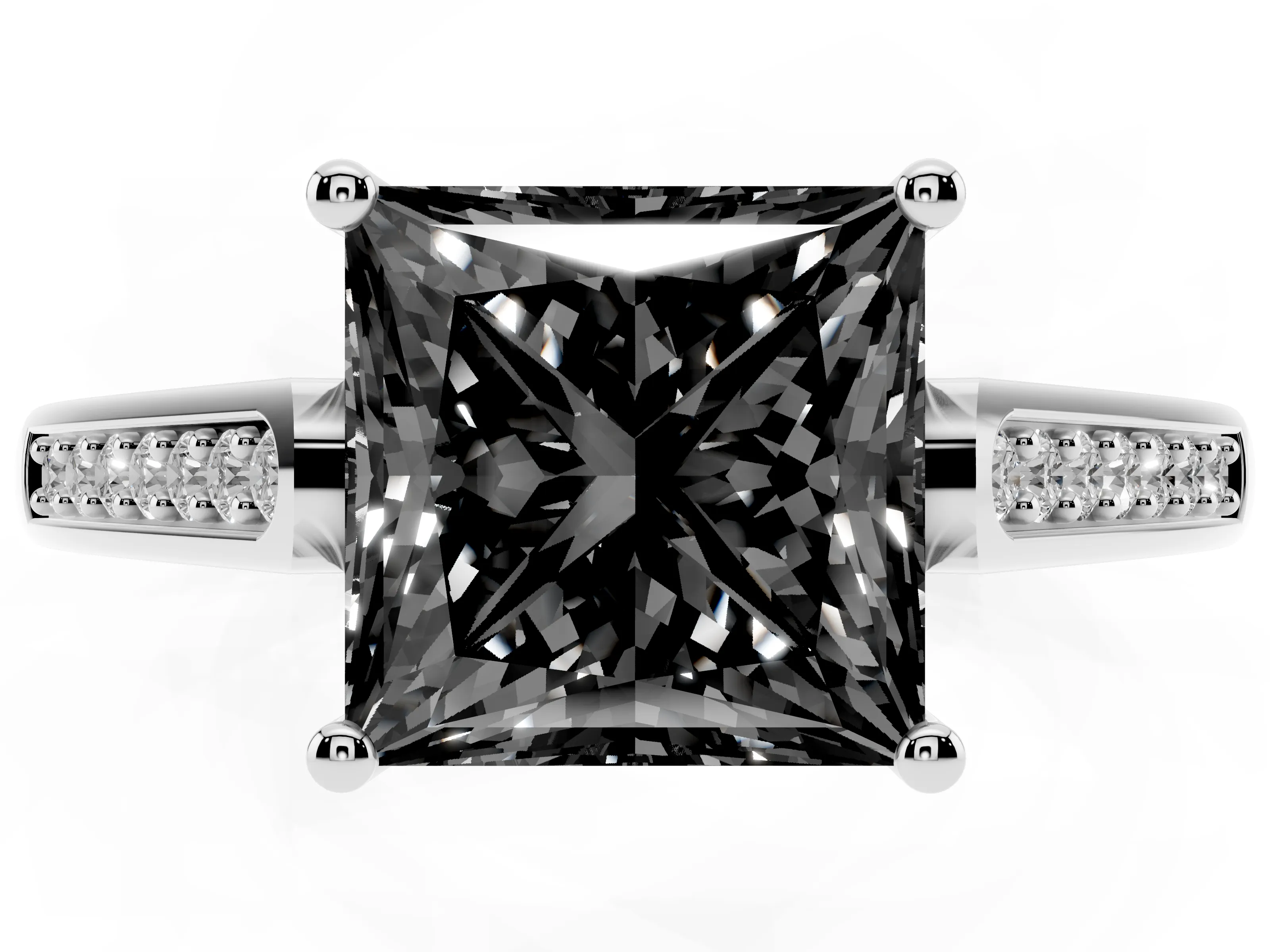 Fancy Black Princess Cut Diamond Solitaire Cathedral Engagement Ring Set in Platinum with Channel-Set Band and Prong Setting