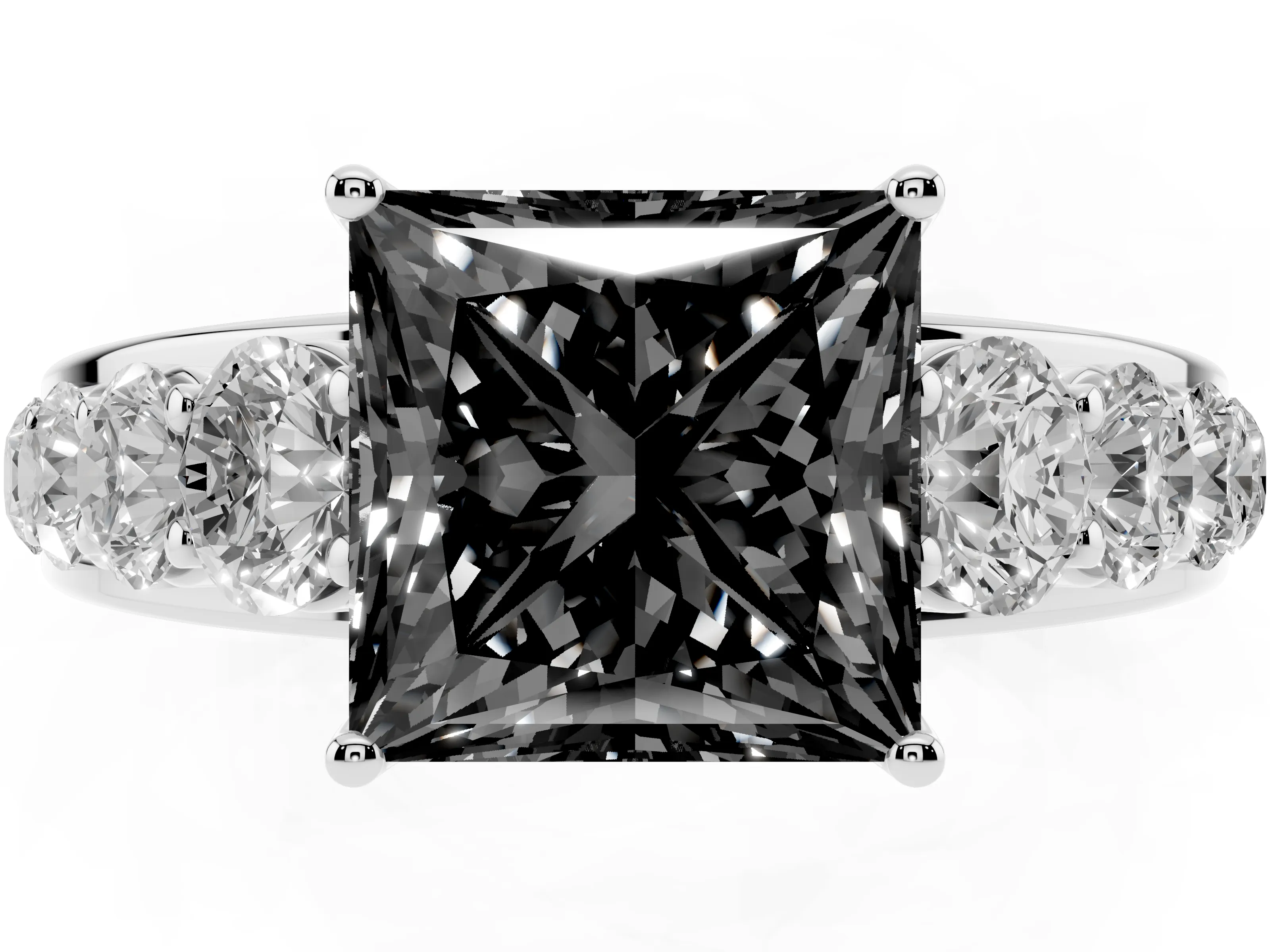 Fancy Black Princess Cut Diamond Solitaire Ring Set in Platinum with Pavé-Set Band and Prong Setting