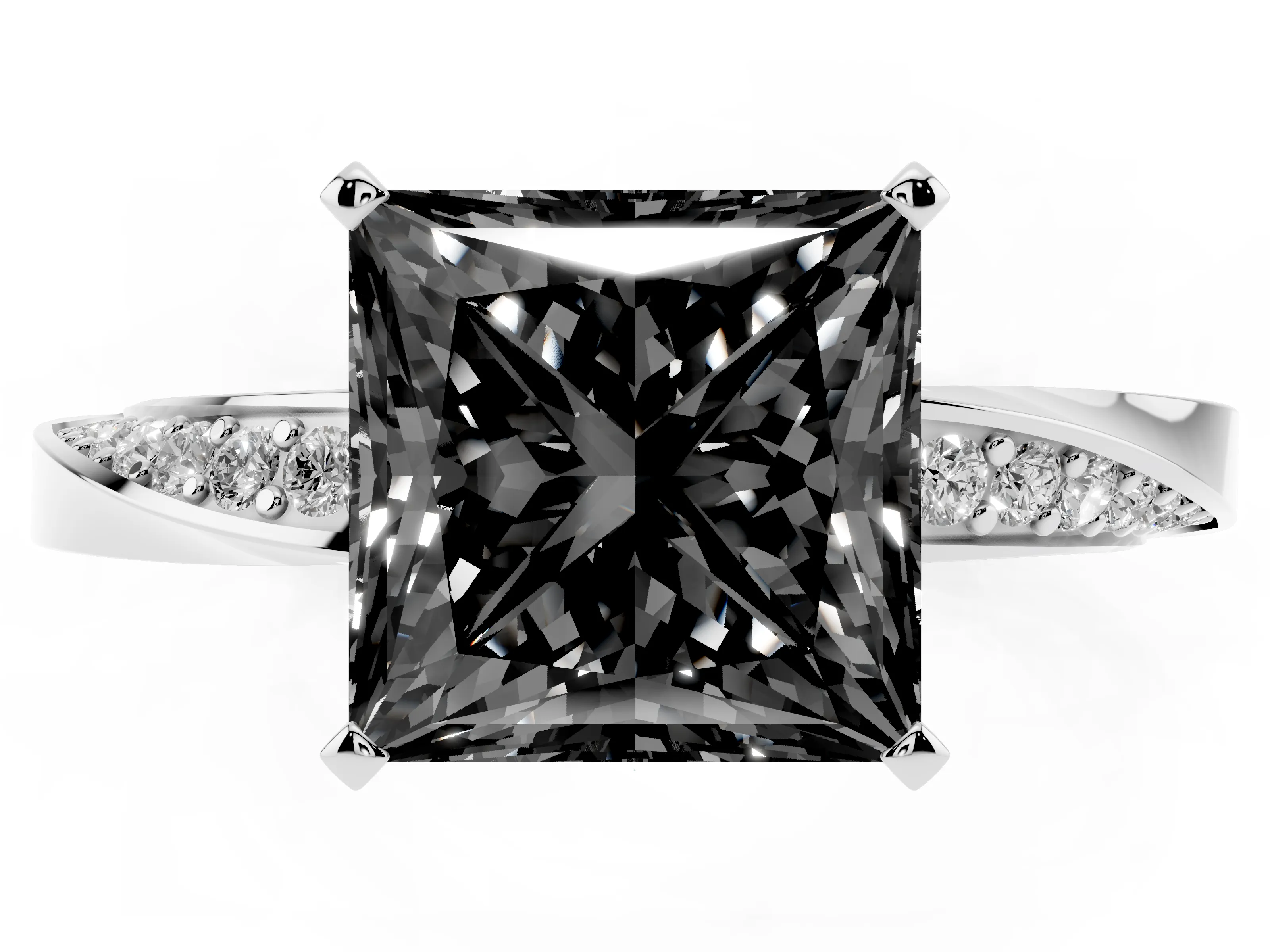 Fancy Black Princess Cut Diamond Engagement Ring Set in Silver with Side Stone Accents and Prong Setting