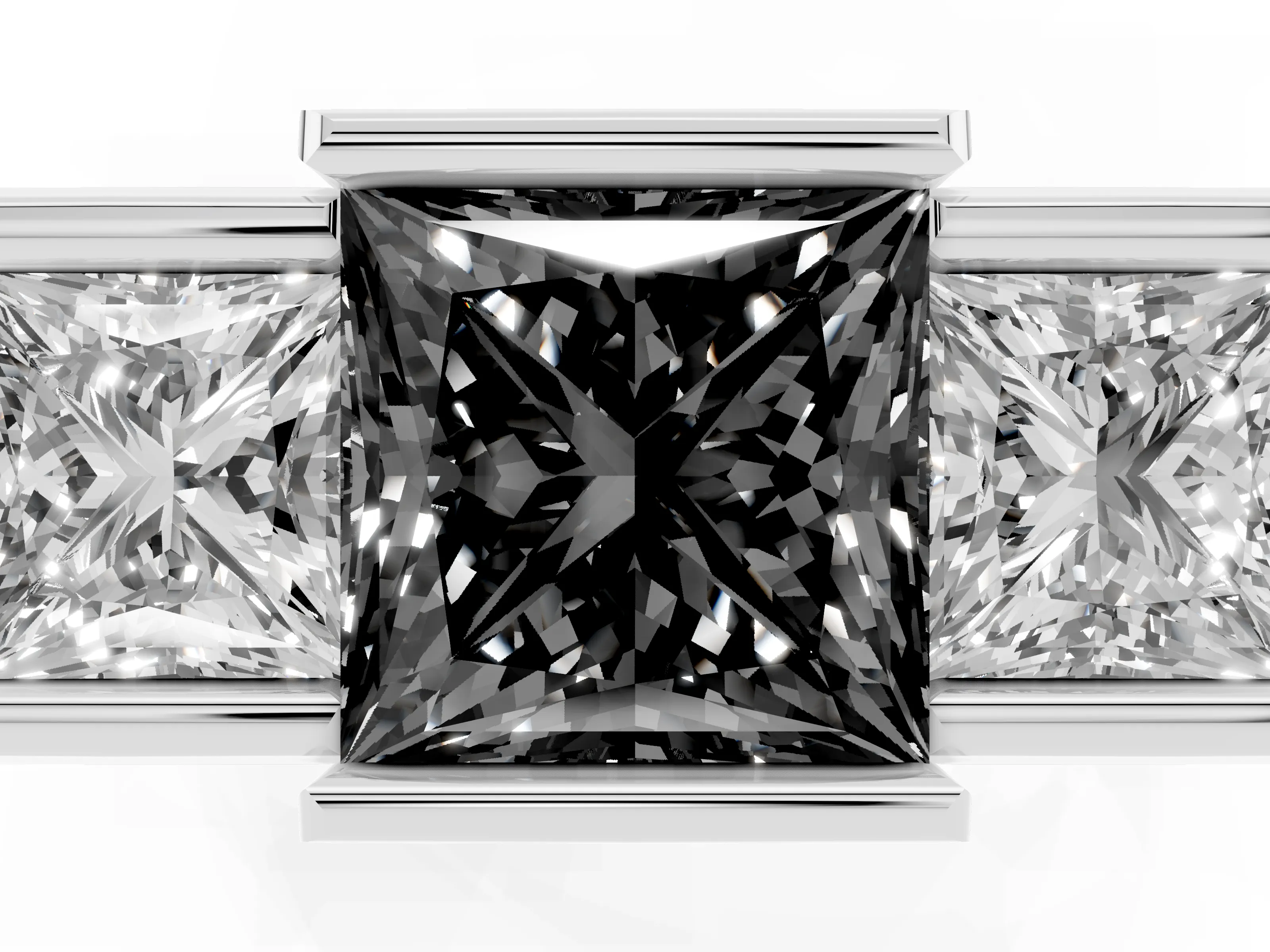Fancy Black Princess Cut Diamond Three-Stone Channel Set Ring Set in Platinum with Smooth Polished Band