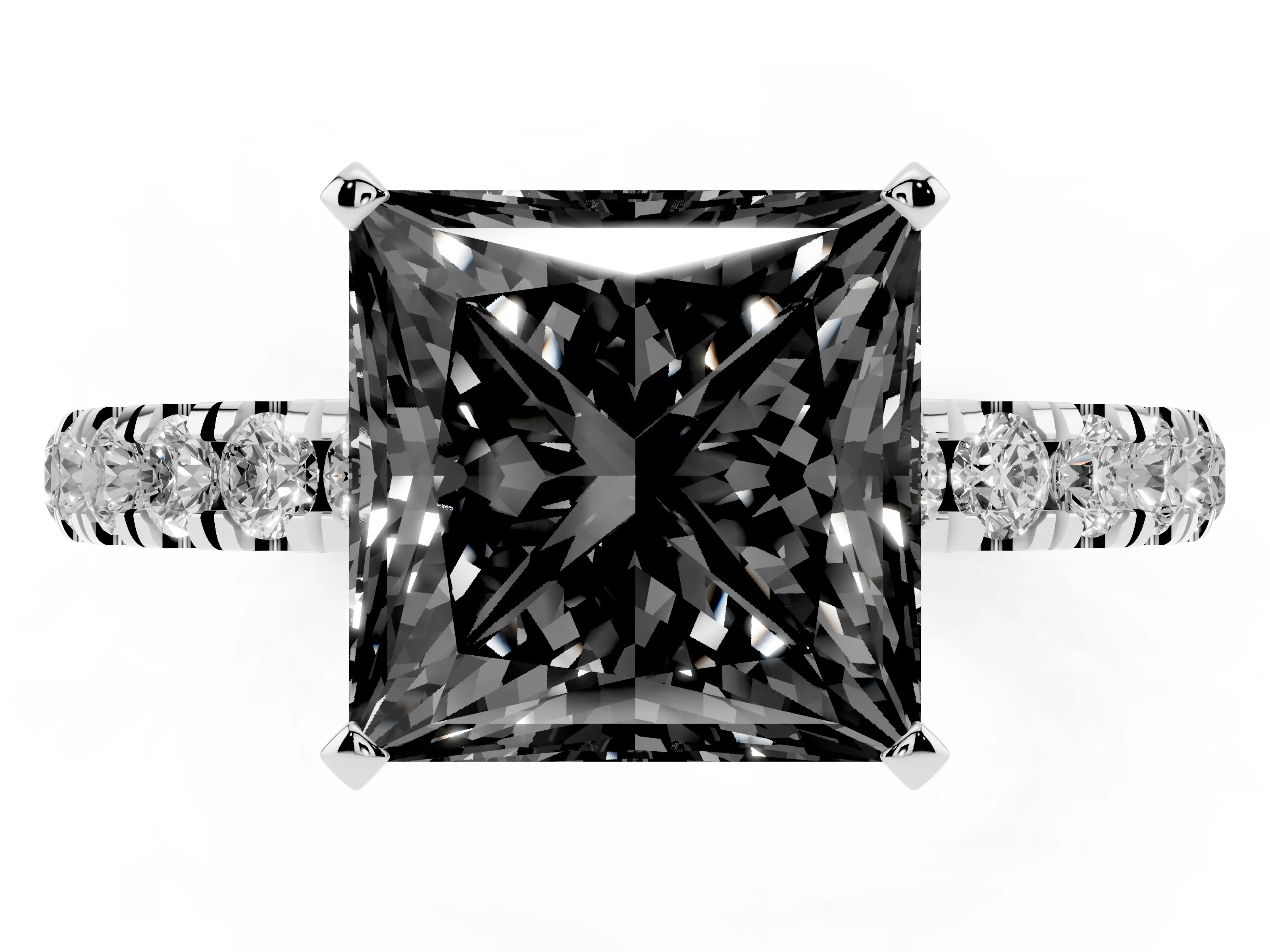 Fancy Black Princess Cut Diamond Solitaire Ring Set in Silver with Pavé Accents and Prong Setting