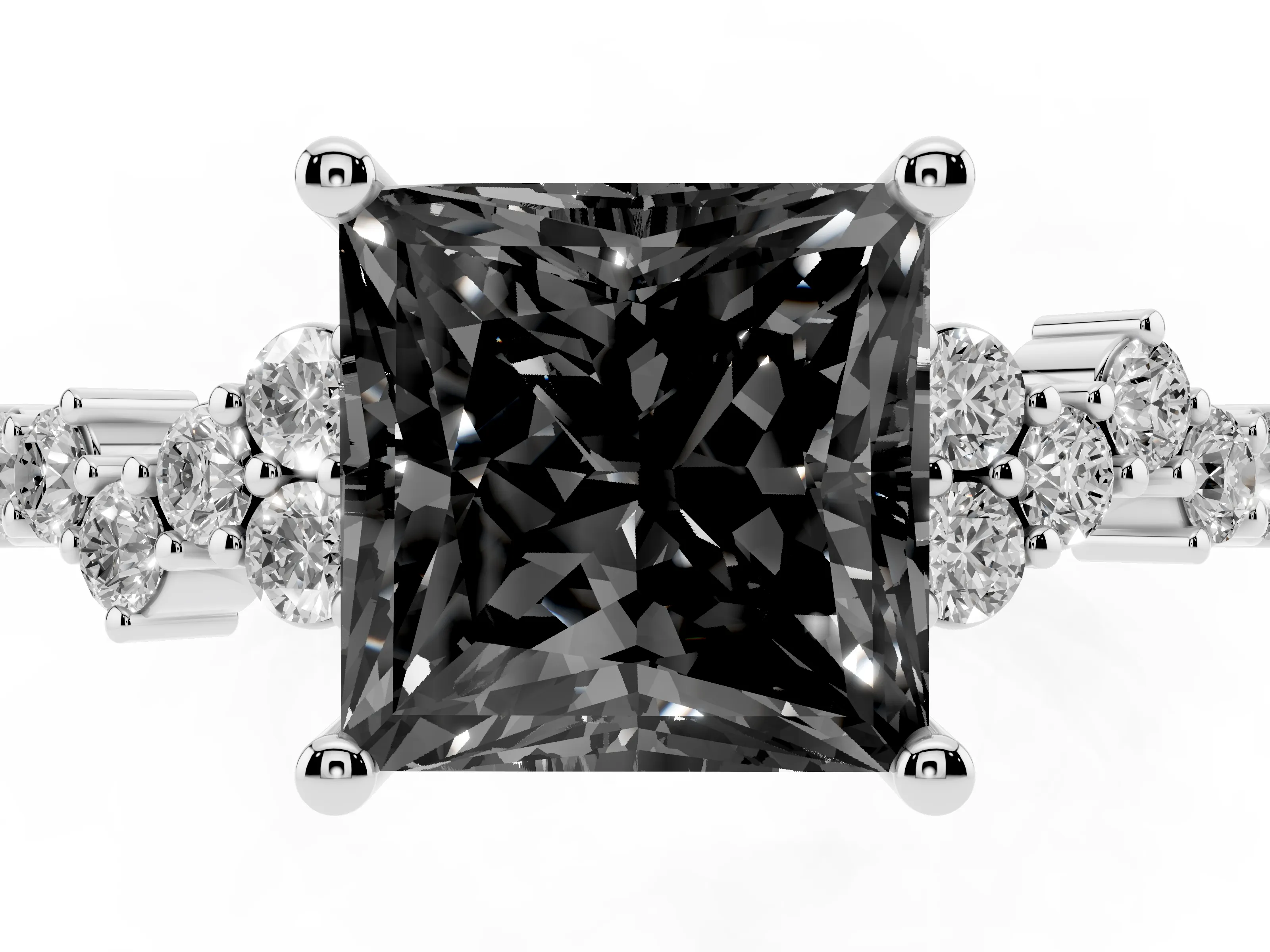 Fancy Black Princess Cut Diamond Ring Set in Platinum with Scattered Round Accents