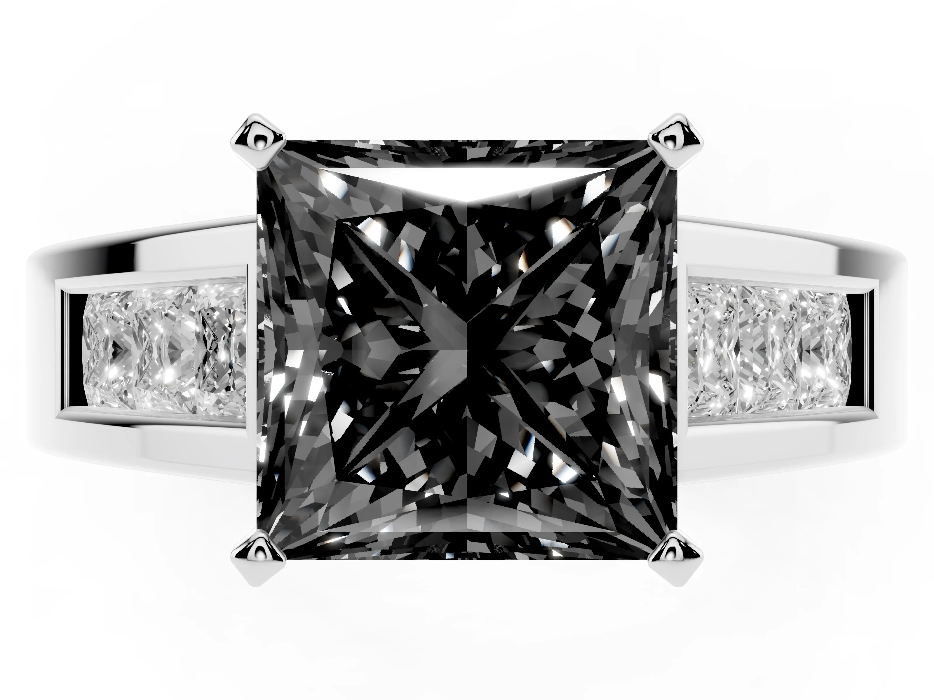 Fancy Black Princess Cut Diamond Solitaire Ring Set in Silver with Channel-Set Accent Stones and Prong Setting