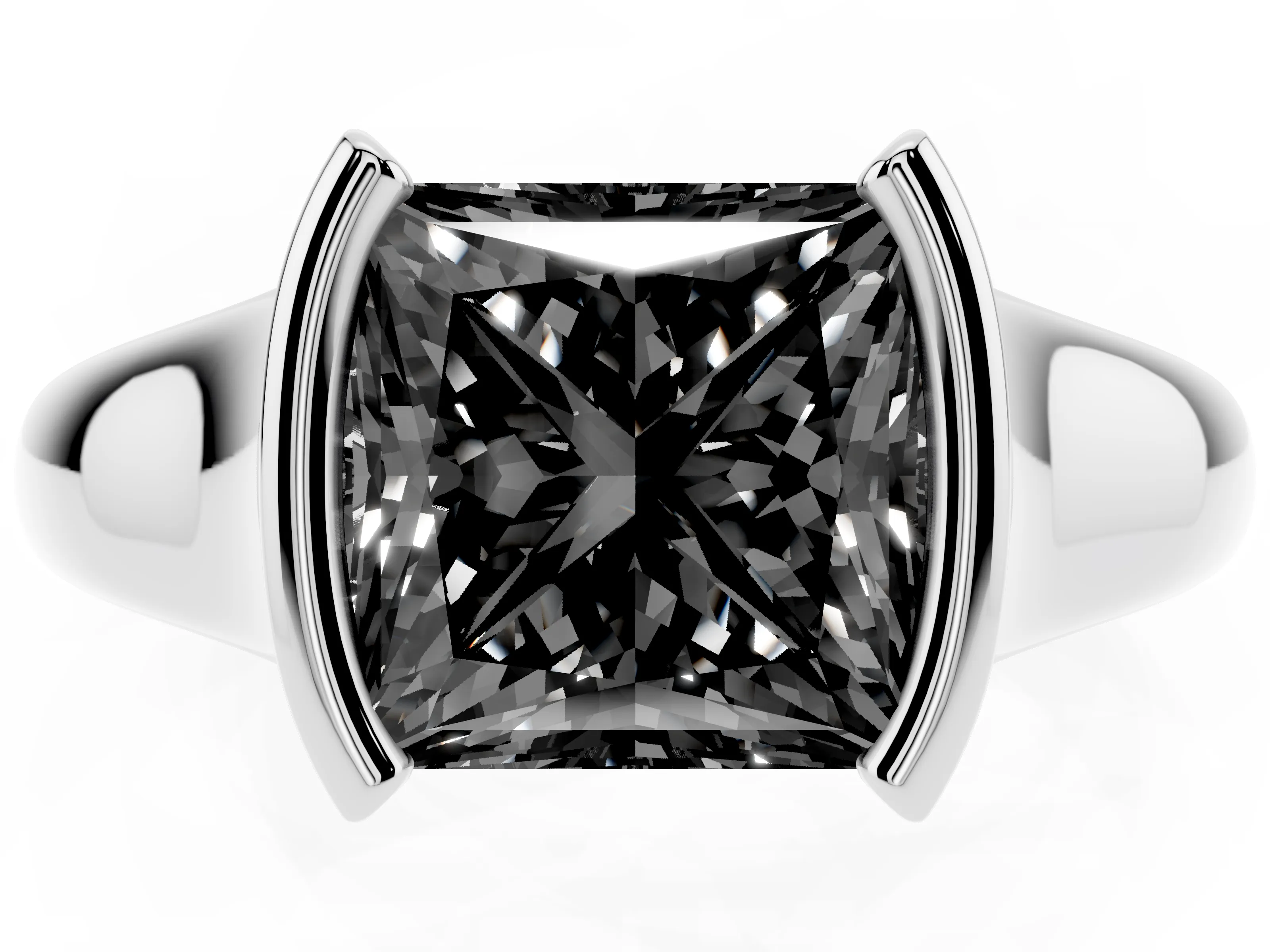 Fancy Black Princess Cut Diamond Solitaire Tension Set Ring Set in White gold with Split Shank Band