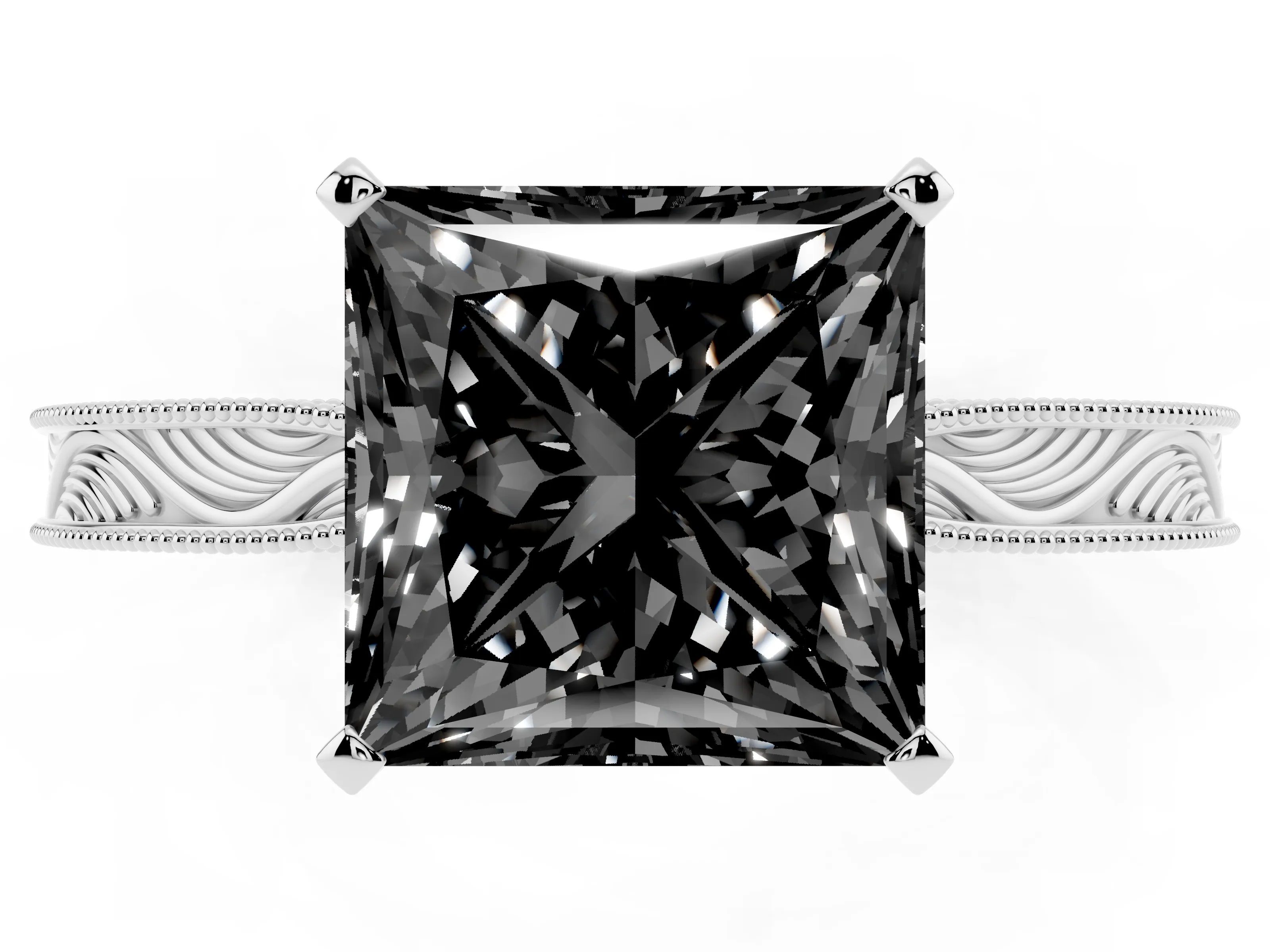 Fancy Black Princess Cut Diamond Solitaire Milgrain Engraved Band Set in Platinum with Prong Setting