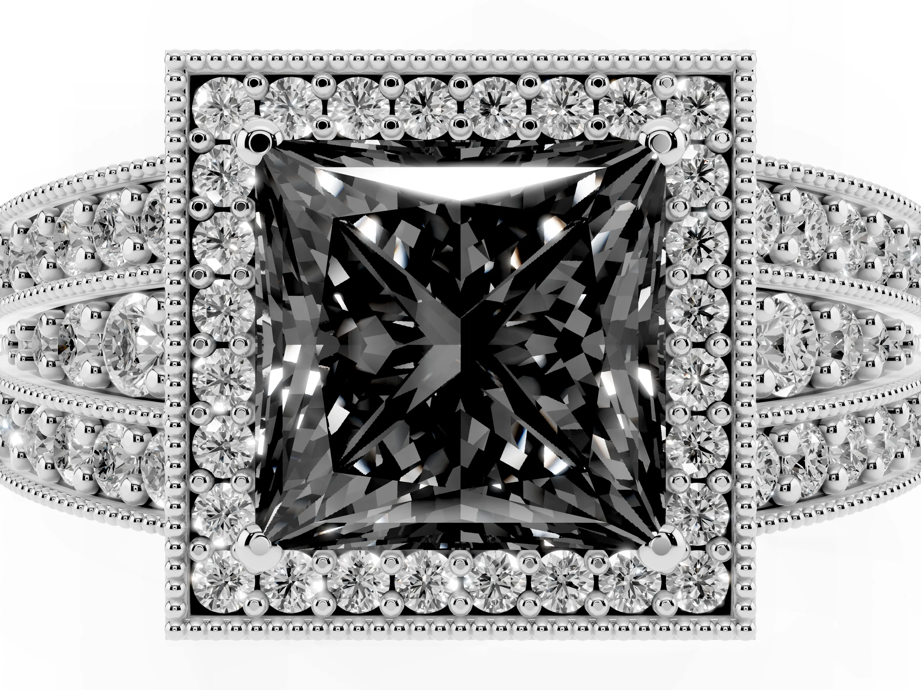 Fancy Black Princess Cut Diamond Halo Ring Set in White gold with Accent Split Shank and Prong Setting