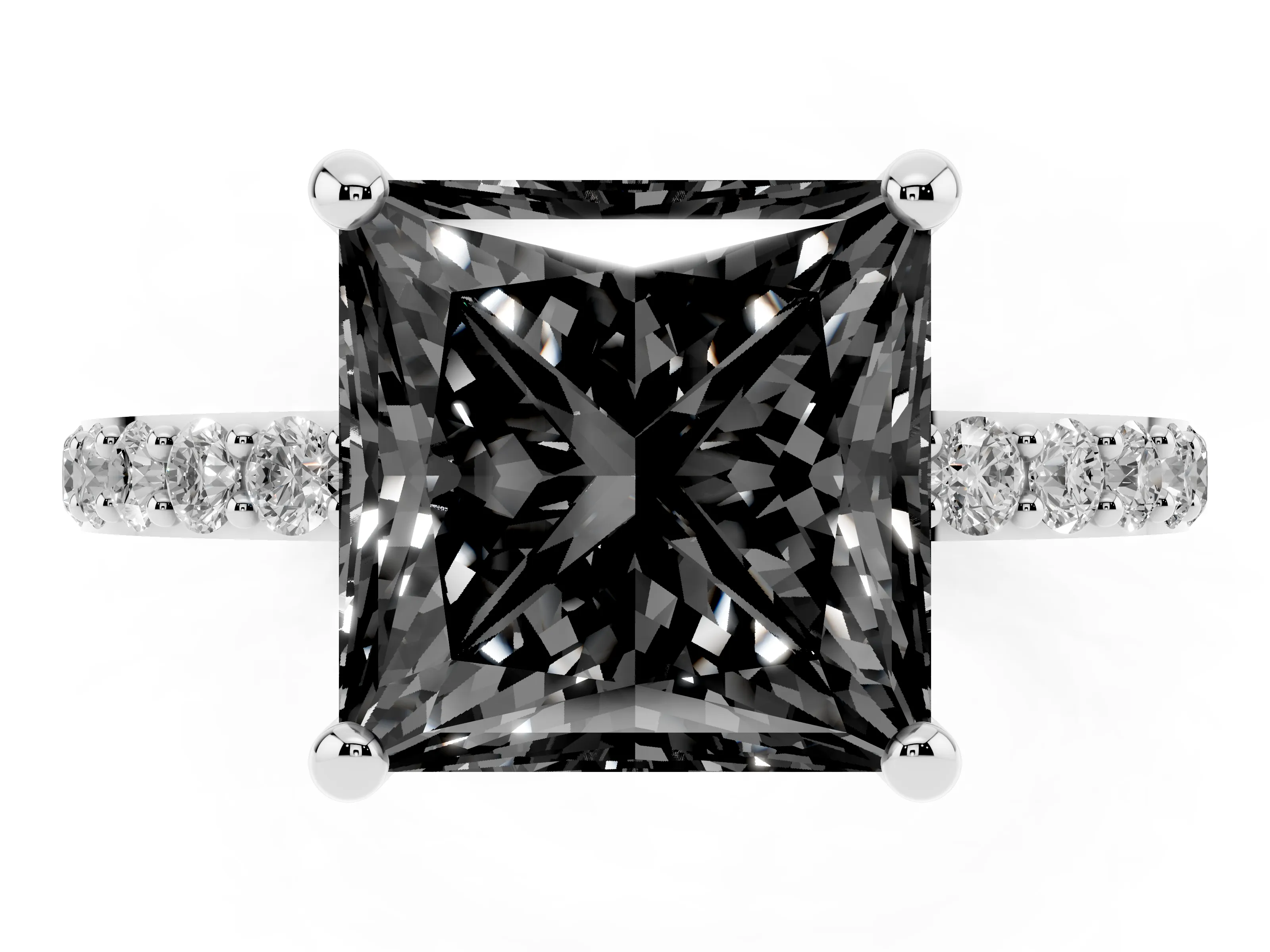Fancy Black Princess Cut Diamond Solitaire Ring Set in White gold with Round Pavé Band and Prong Setting