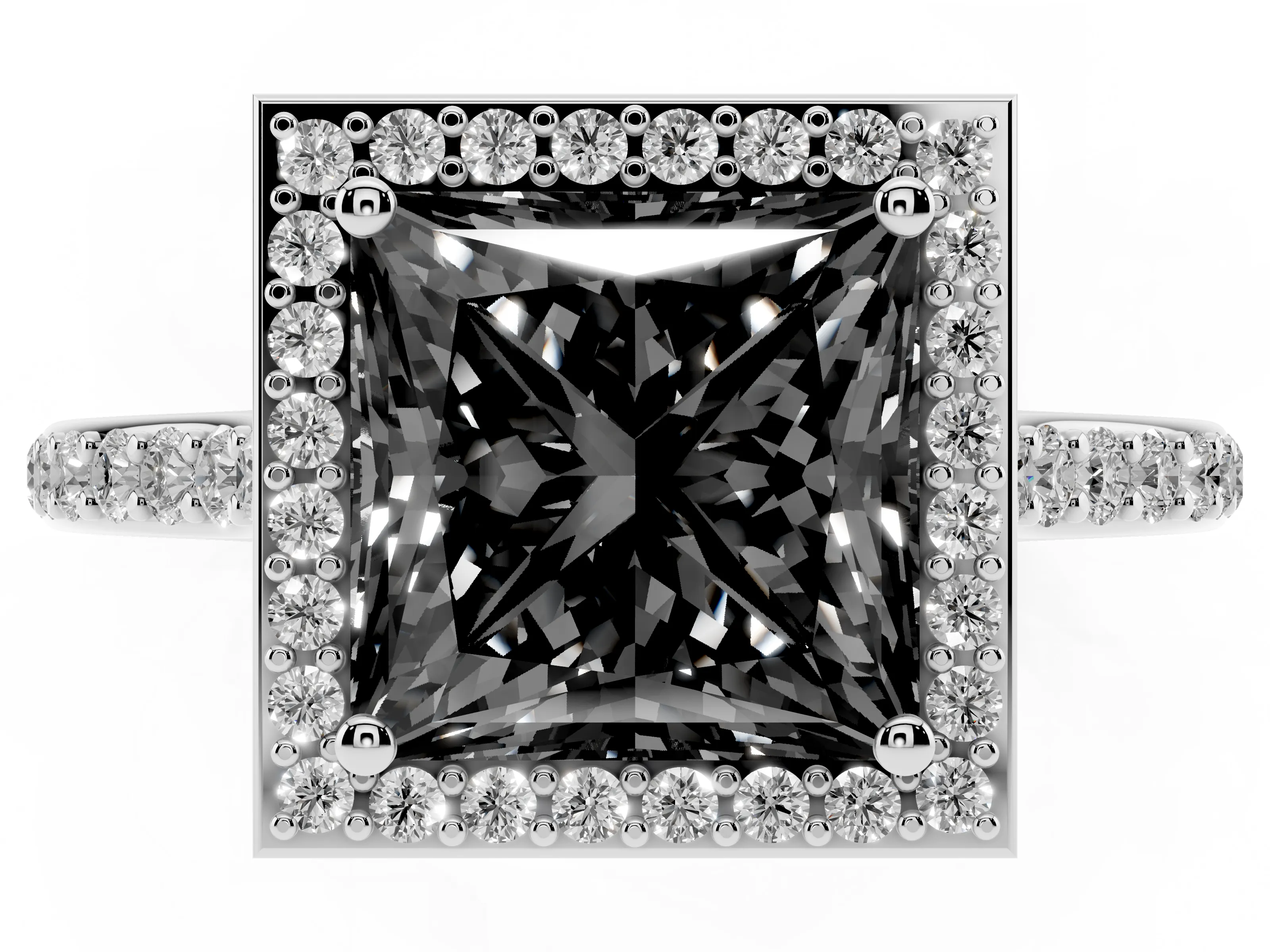 Fancy Black Princess Cut Diamond Halo Engagement Ring Set in Silver with Round Pavé Shoulders and Heart Gallery