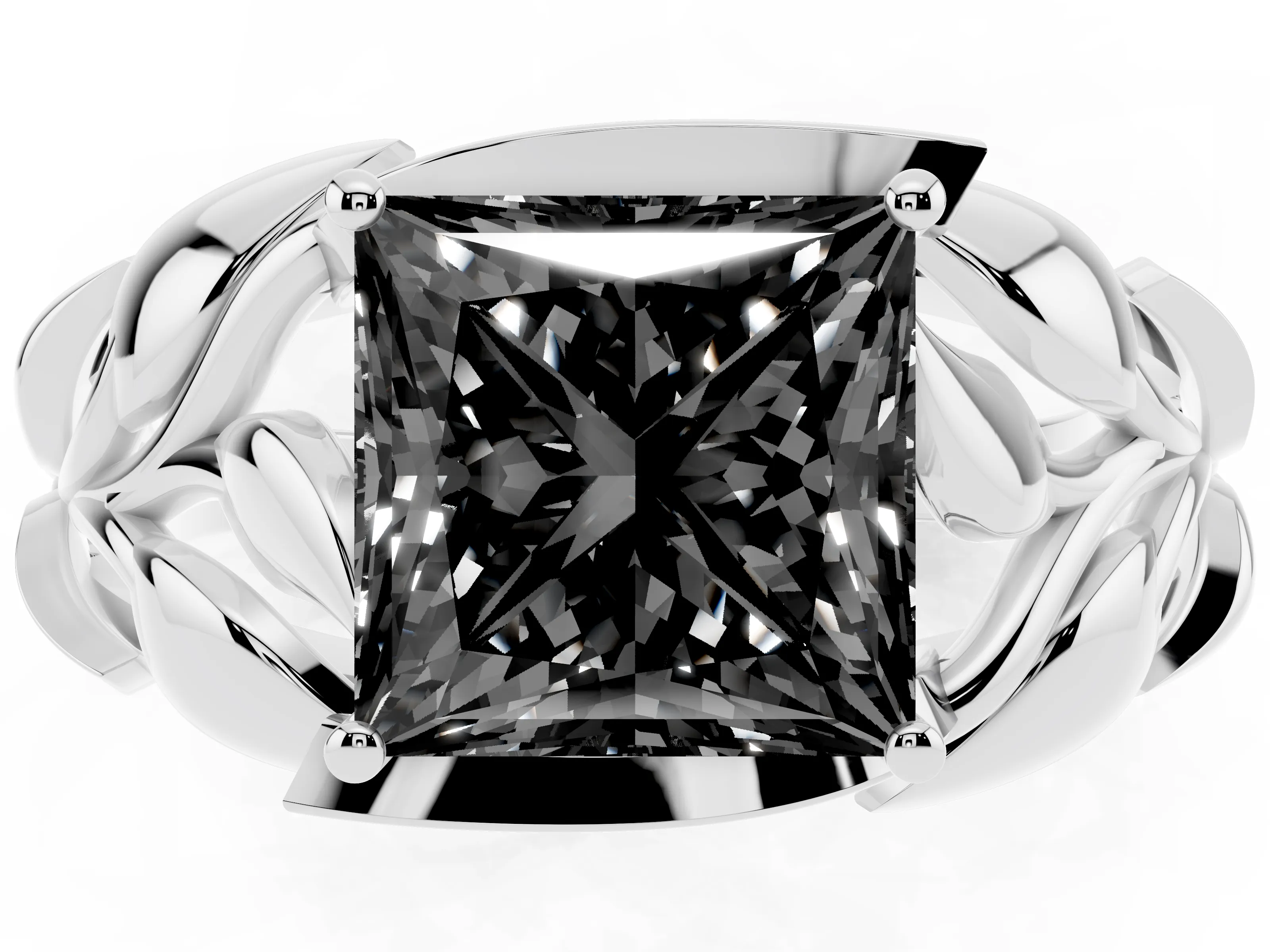 Fancy Black Princess Cut Diamond Leaf-Inspired Engagement Ring Set in White gold with Round Accents