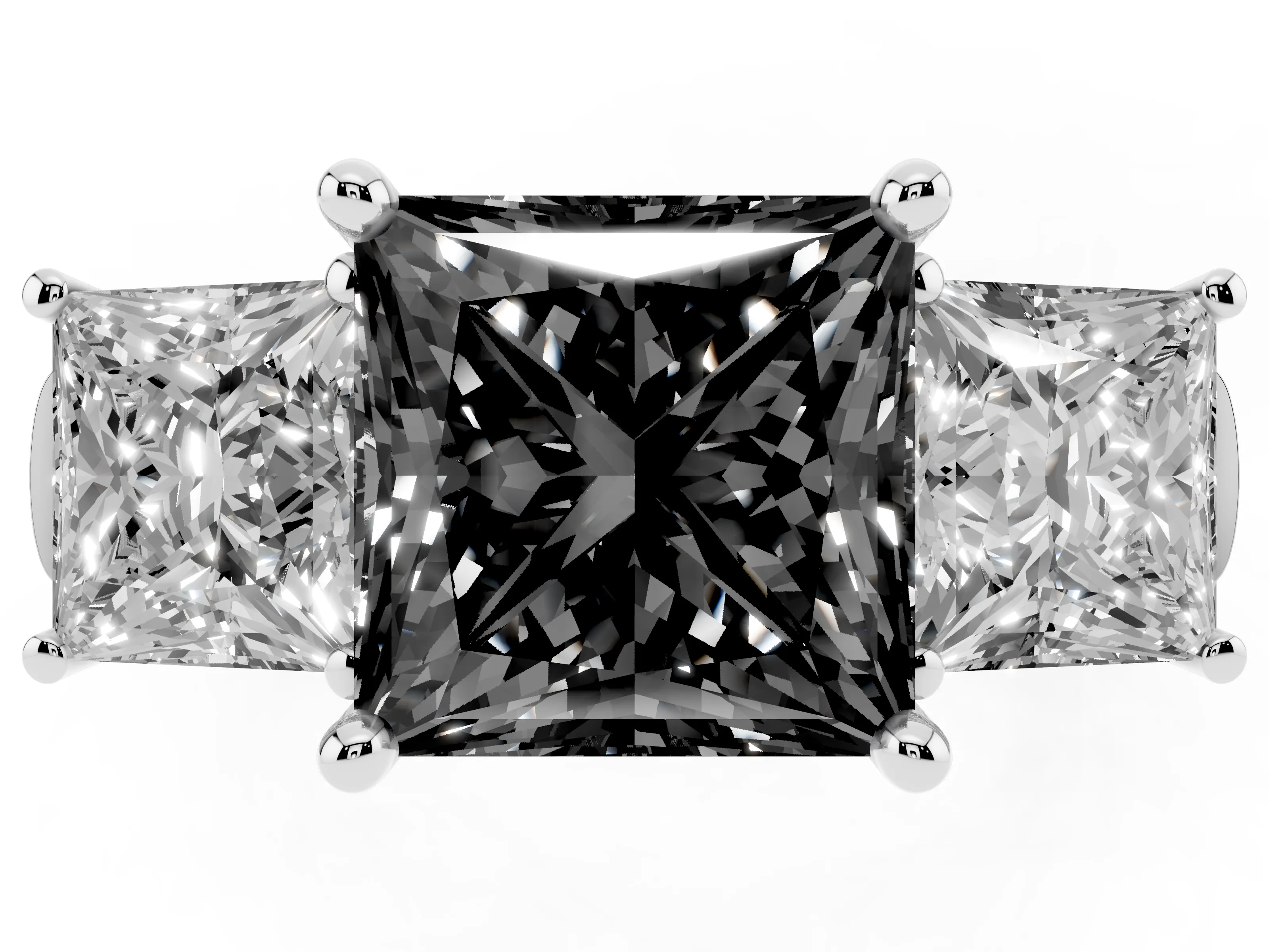 Fancy Black Princess Cut Diamond Three-Stone Trellis Ring Set in Platinum with Comfort Fit Band