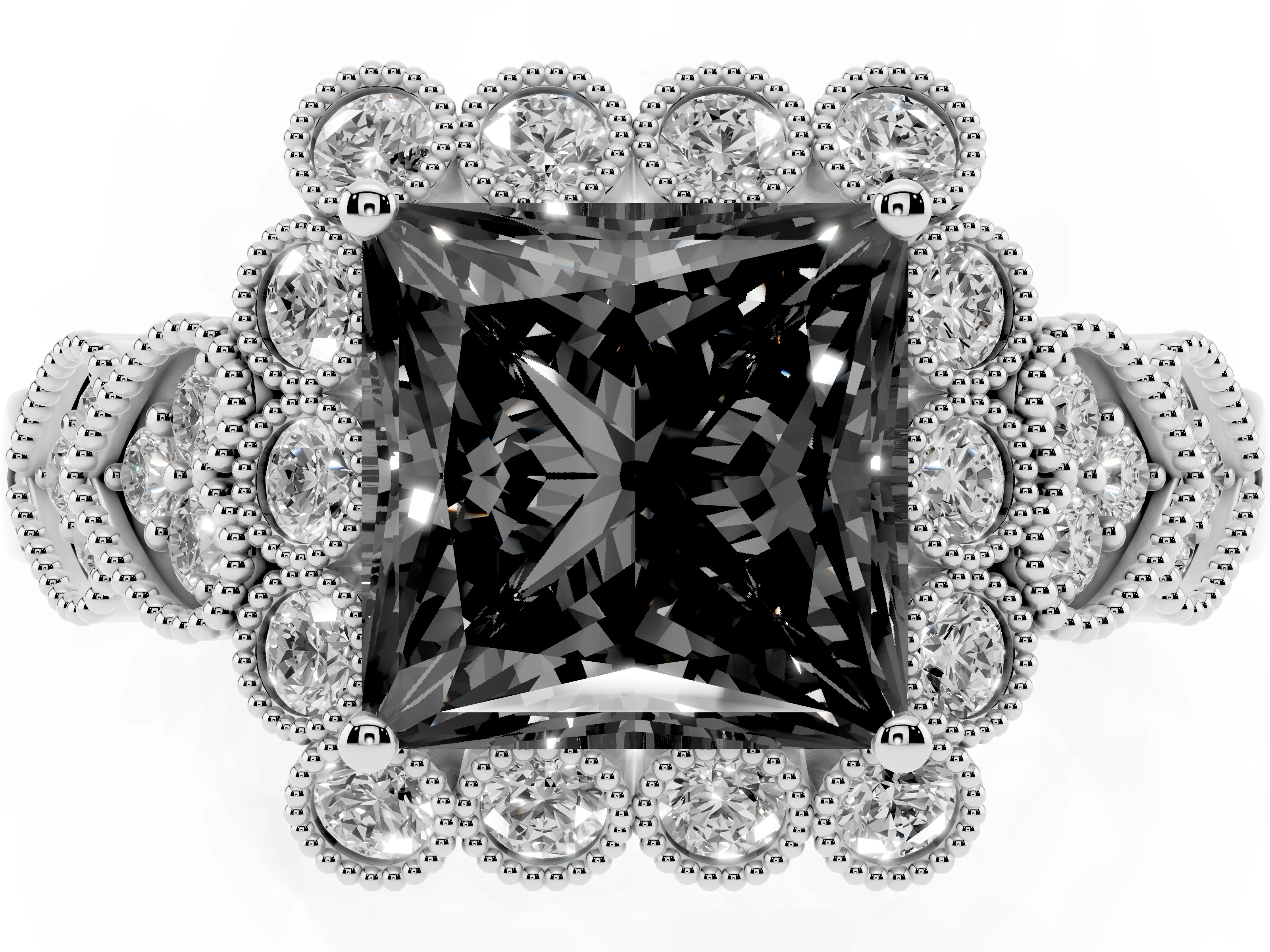 Fancy Black Princess Cut Diamond Solitaire Ring Set in Silver with Milgrain Pavé Heart Band