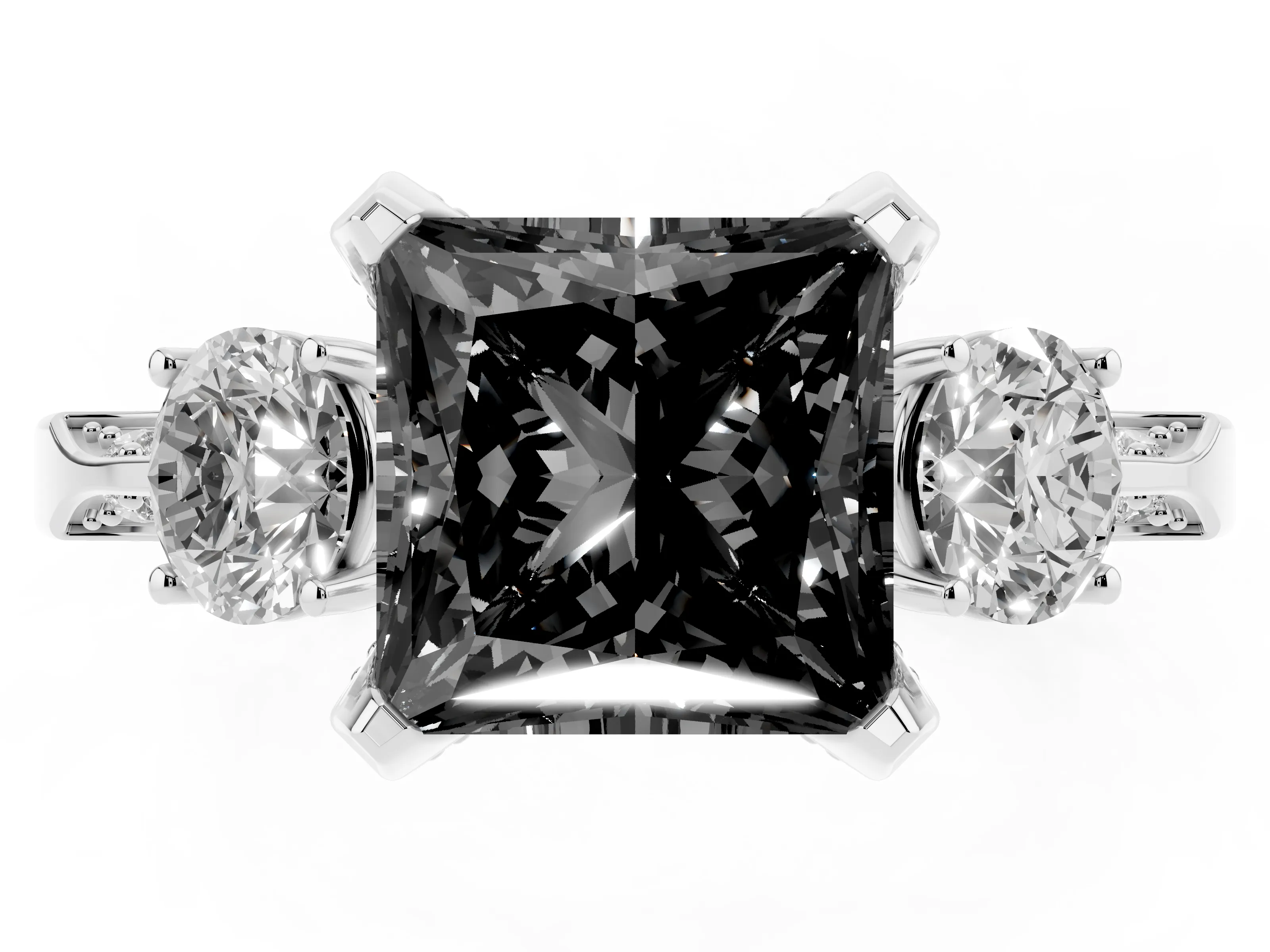 Fancy Black Princess Cut Diamond Three-Stone Ring Set in Silver with Pavé Band and Smaller Side Stones