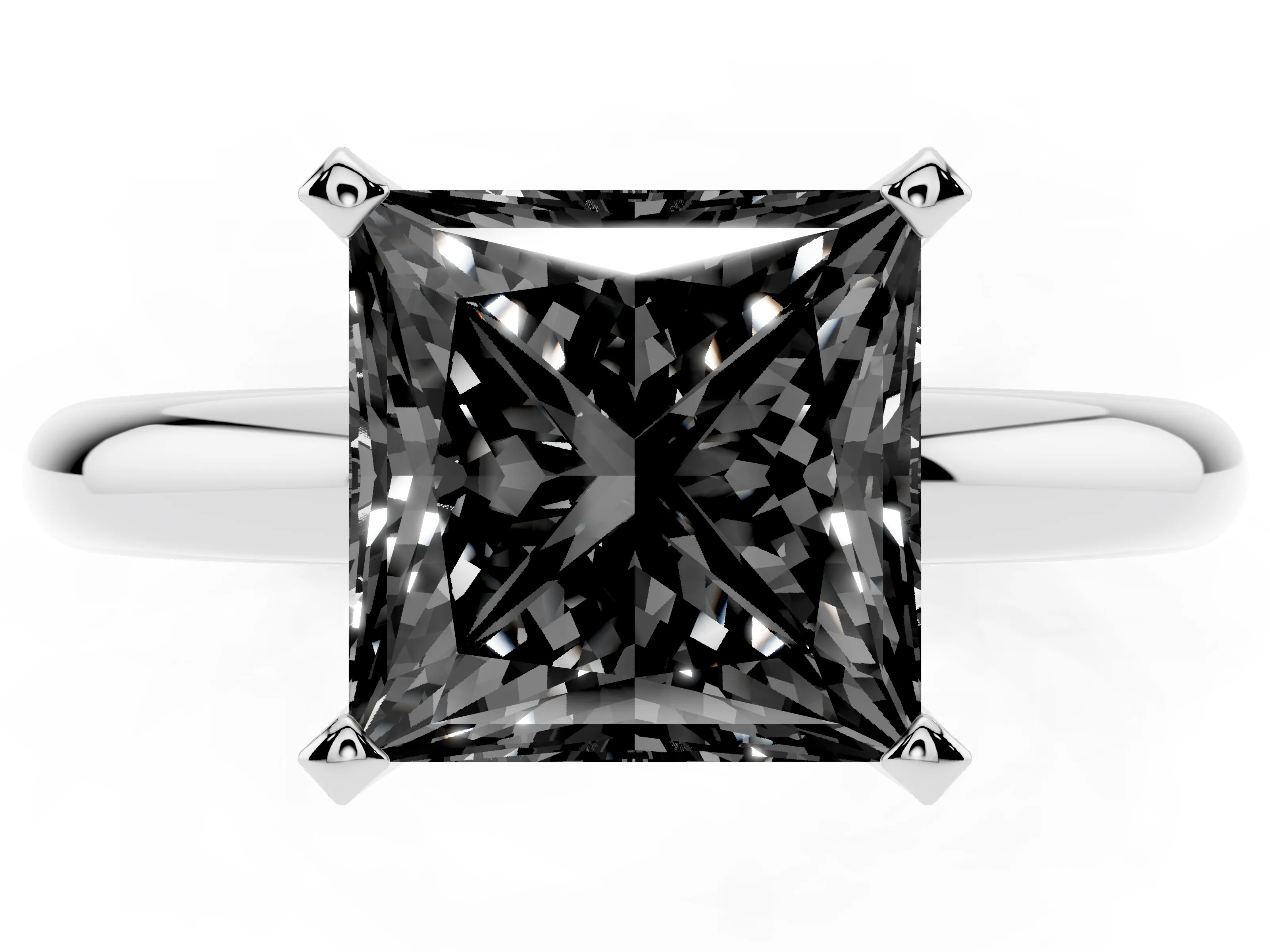 Fancy Black Princess Cut Diamond Solitaire Engagement Ring Set in White gold with Round Band and Prong Setting