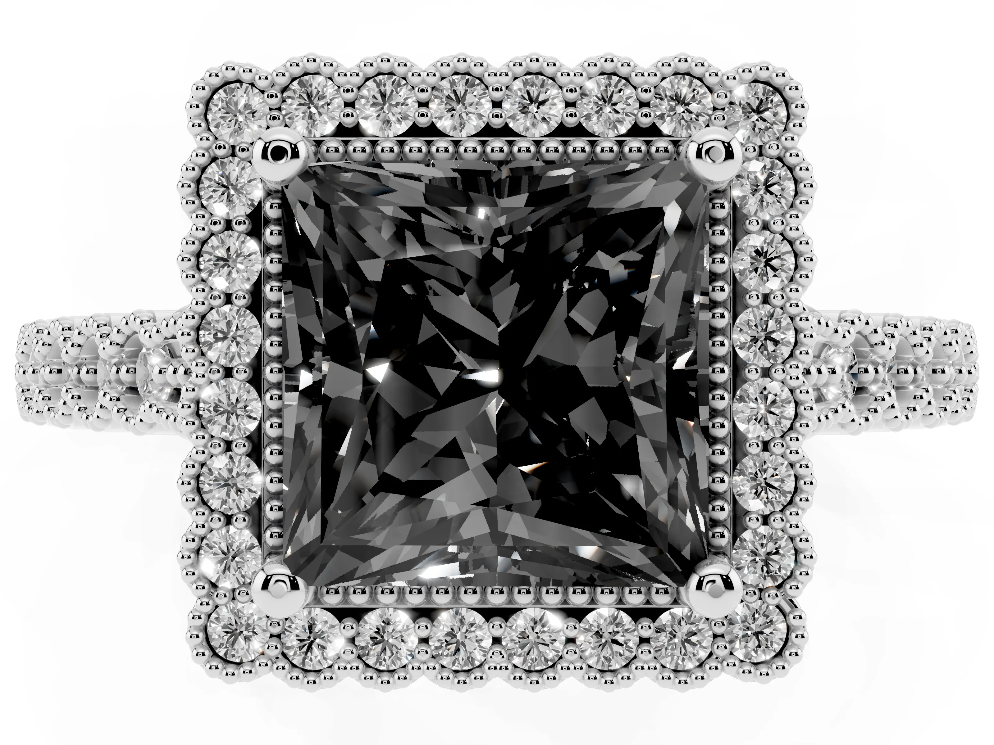 Fancy Black Princess Cut Diamond Halo Ring Set in Platinum with Pavé Milgrain Band
