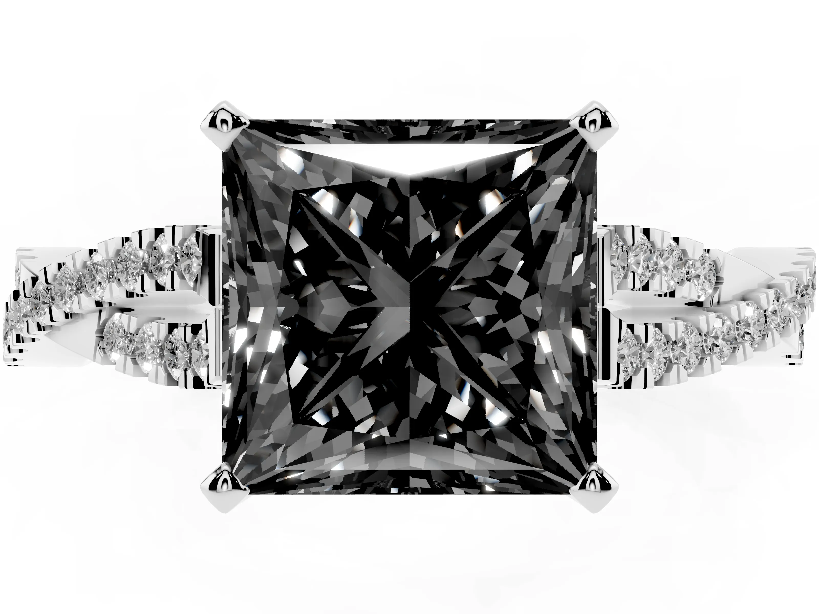 Fancy Black Princess Cut Diamond Solitaire Engagement Ring Set in Silver with Twisted Pavé Band and Prong Setting