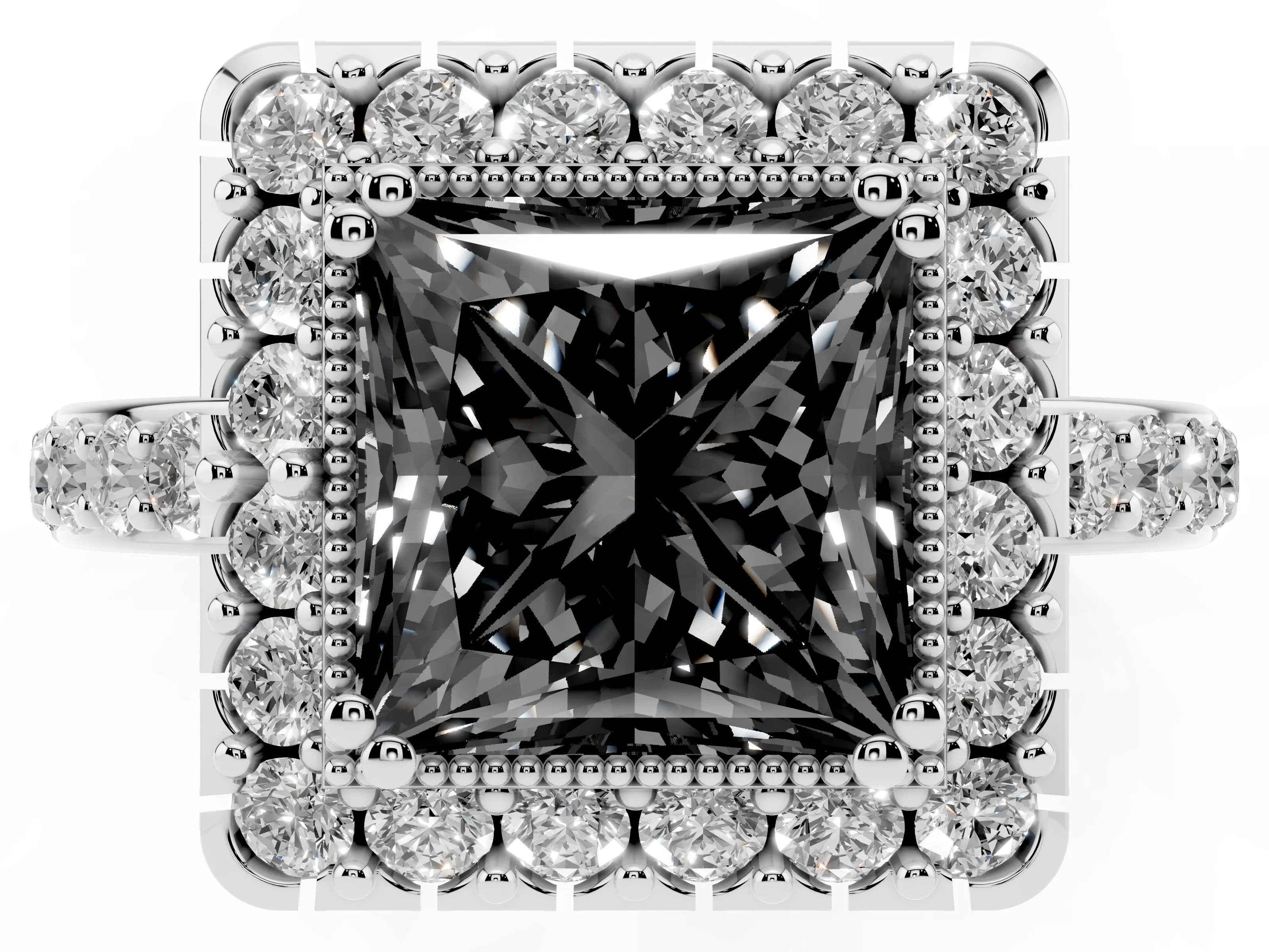 Fancy Black Princess Cut Diamond Halo Ring Set in White gold with Pavé Shank and Prong Setting