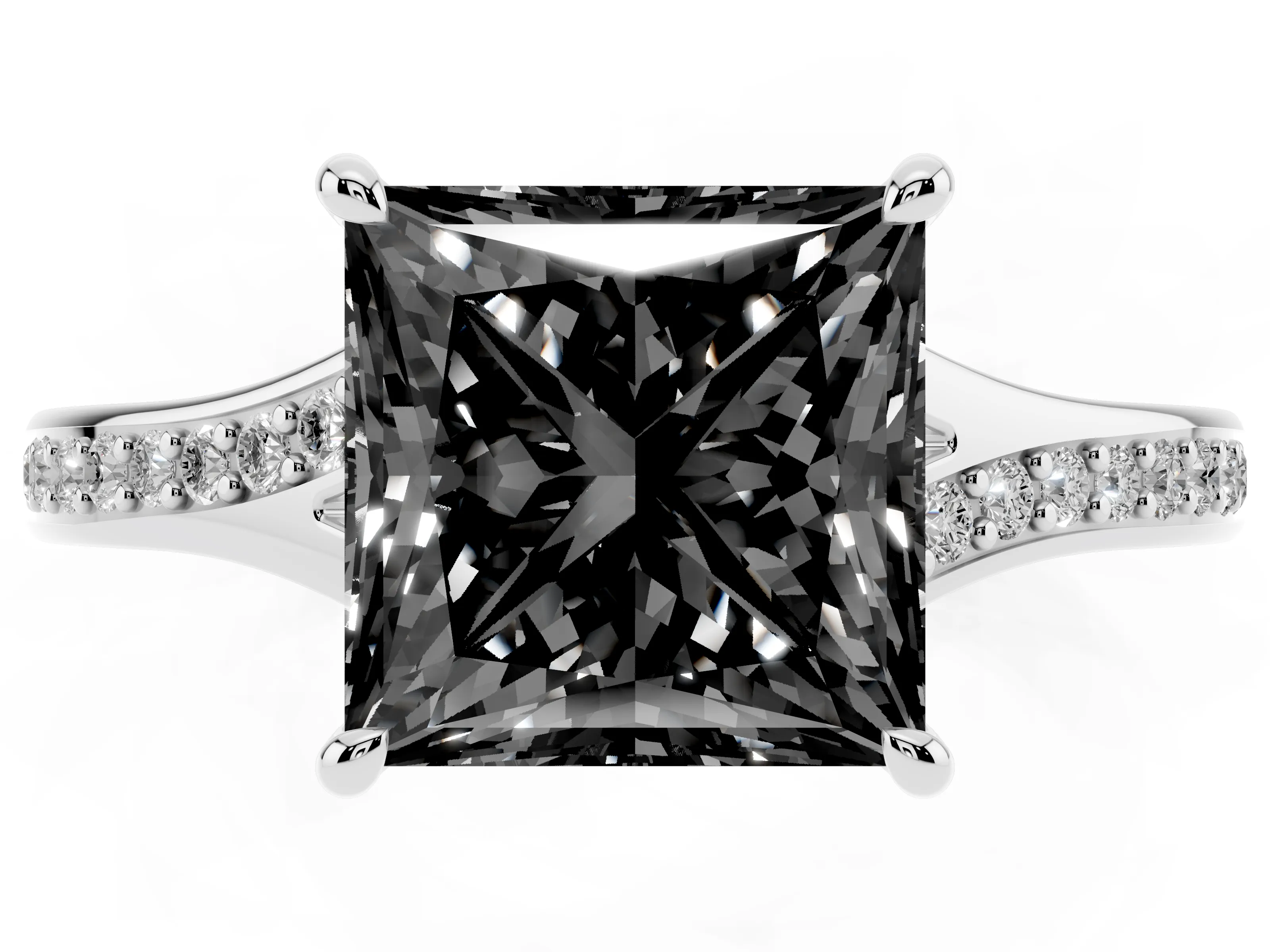 Fancy Black Princess Cut Diamond Solitaire Ring Set in Platinum with Pavé Accent Band and Classic Prong Setting