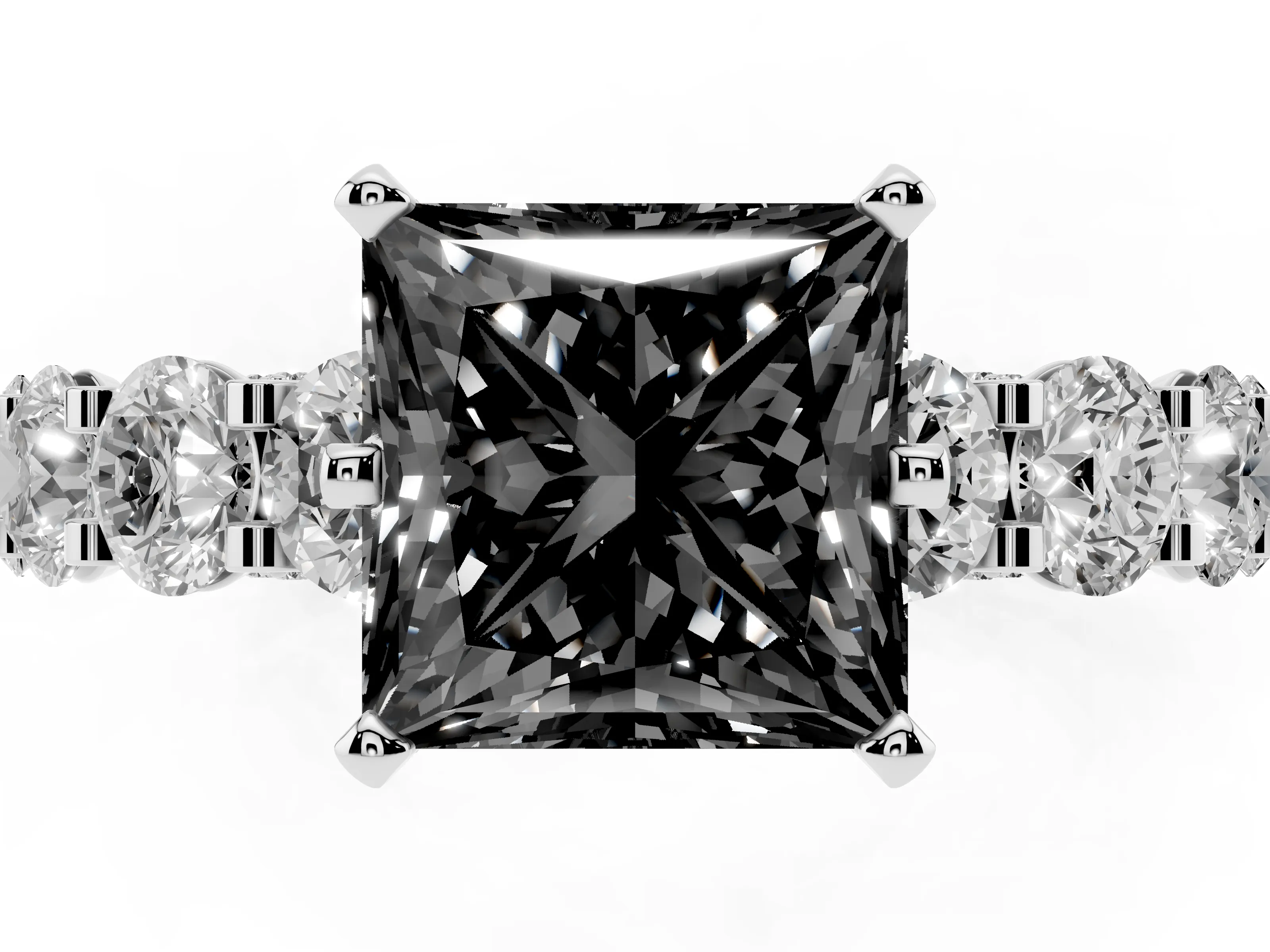 Fancy Black Princess Cut Diamond Side Stone Ring Set in Platinum with Alternating Round and Oval Side Stones