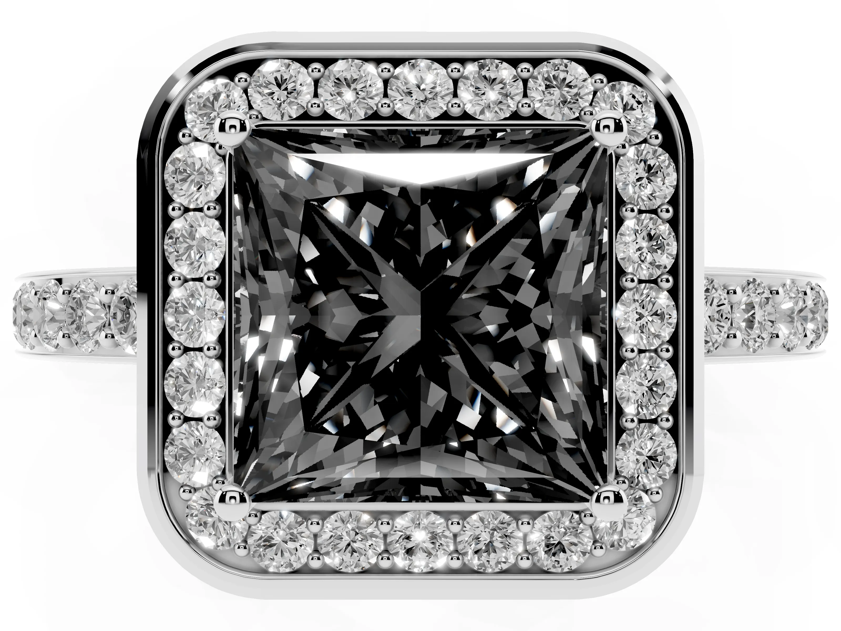 Fancy Black Princess Cut Diamond Halo Ring Set in Platinum with Bezel Frame and Pavé Band