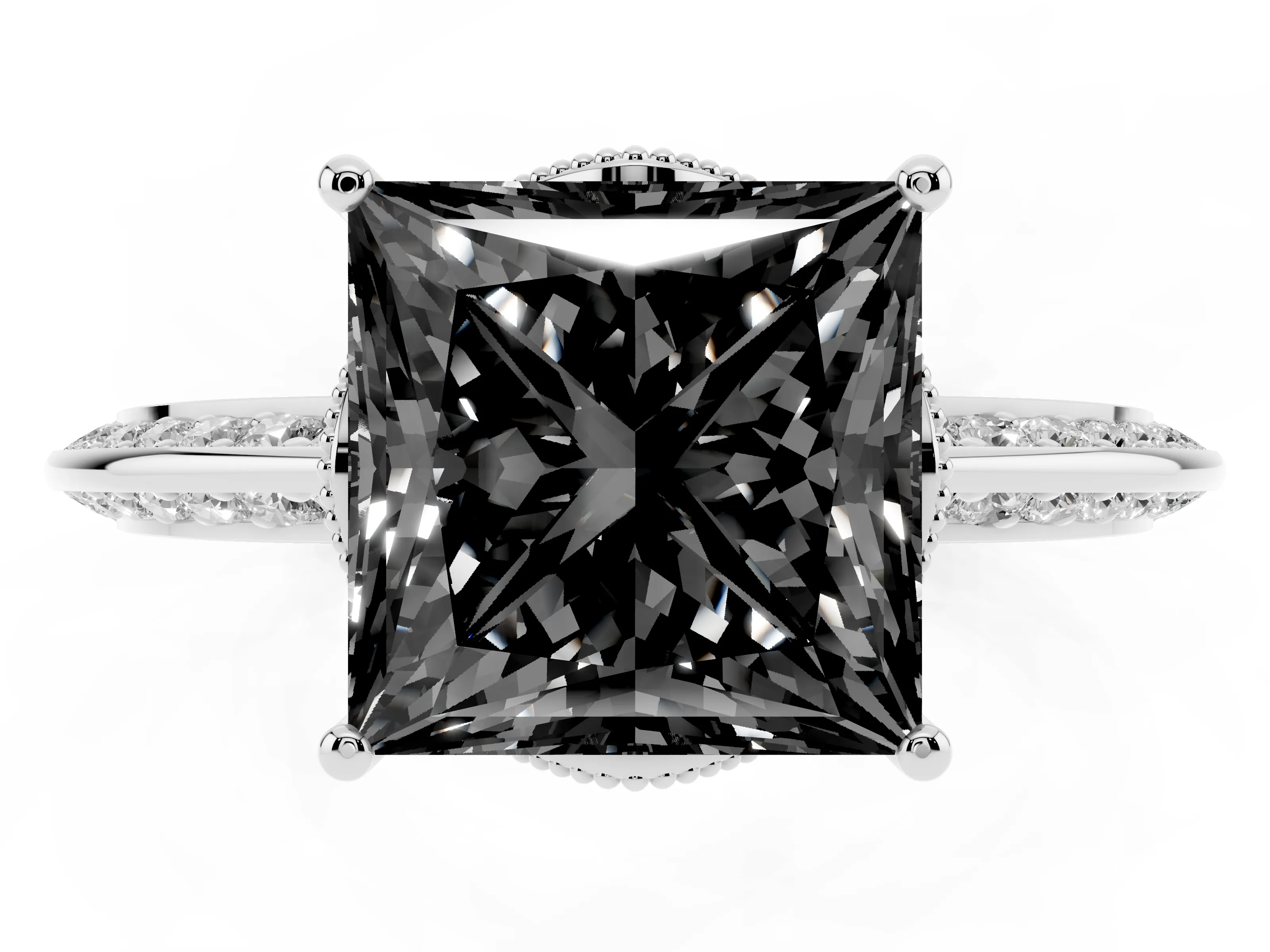 Fancy Black Princess Cut Diamond Solitaire Engagement Ring Set in Platinum with Pavé Split Shank and Prong Setting