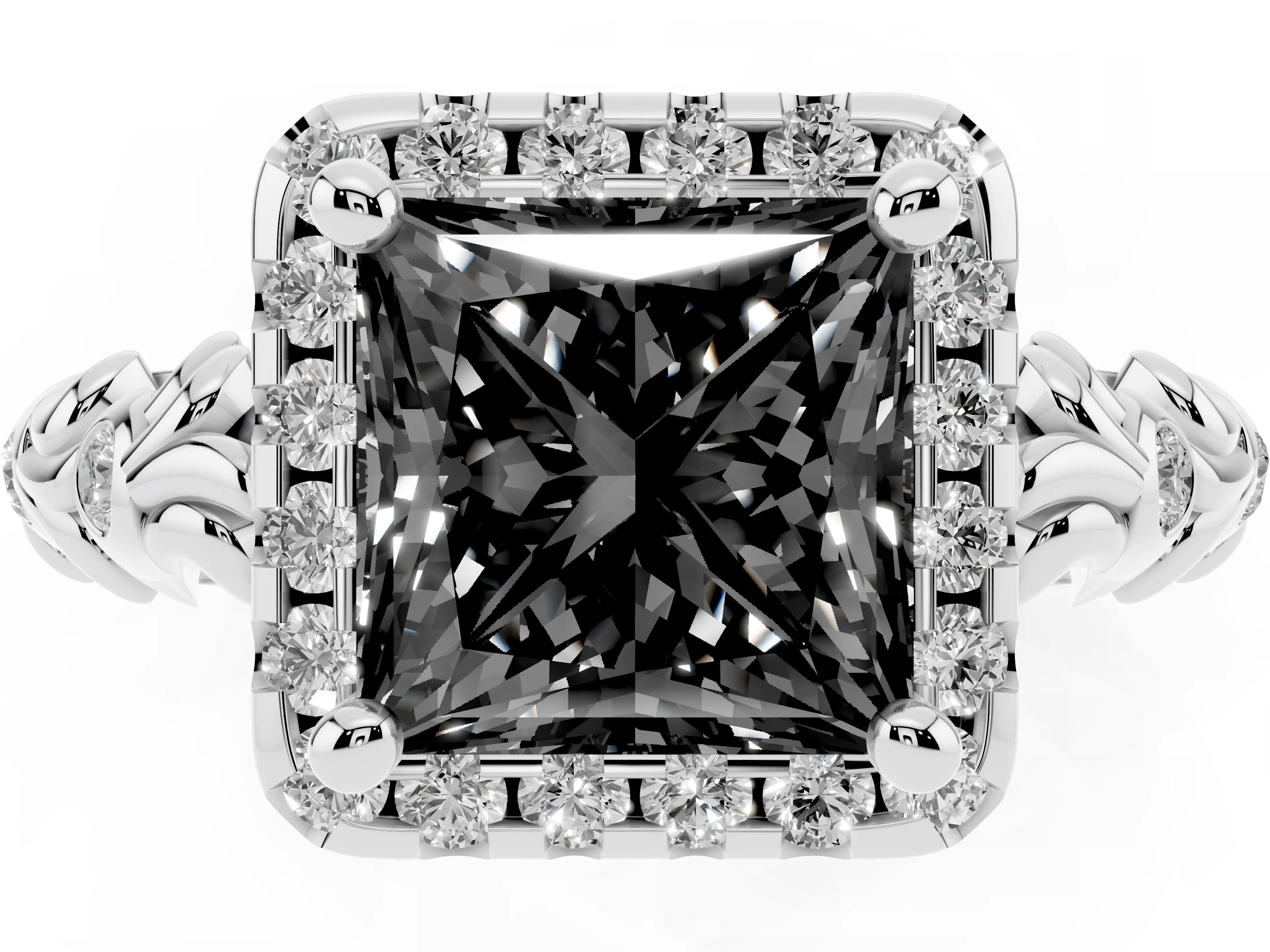Fancy Black Princess Cut Diamond Halo Ring Set in Silver with Filigree Leaf Band and Prong Setting