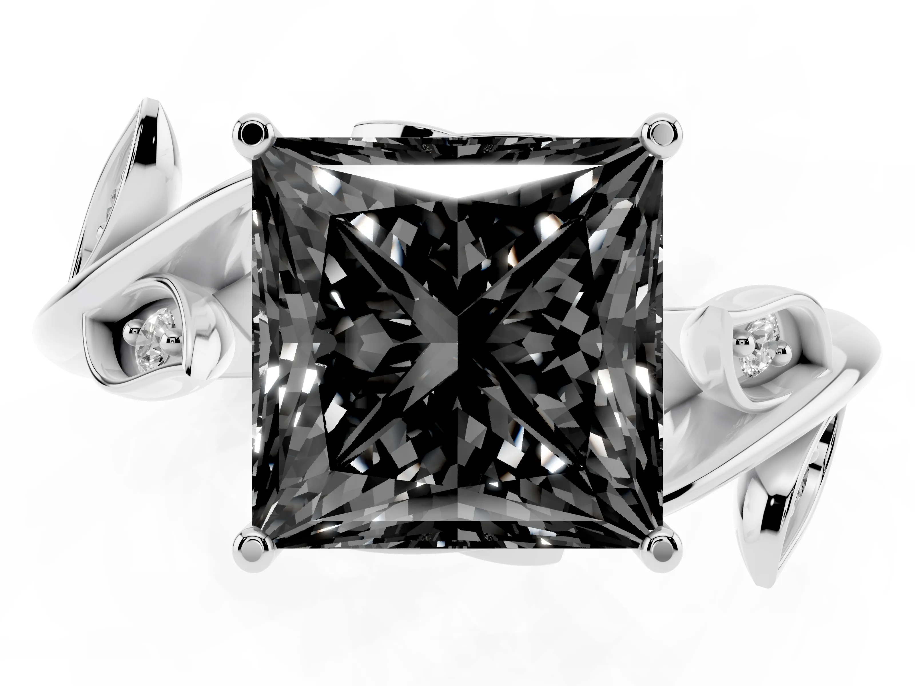 Fancy Black Princess Cut Diamond Solitaire Twist Engagement Ring Set in Silver with Pavé Leaf Accents