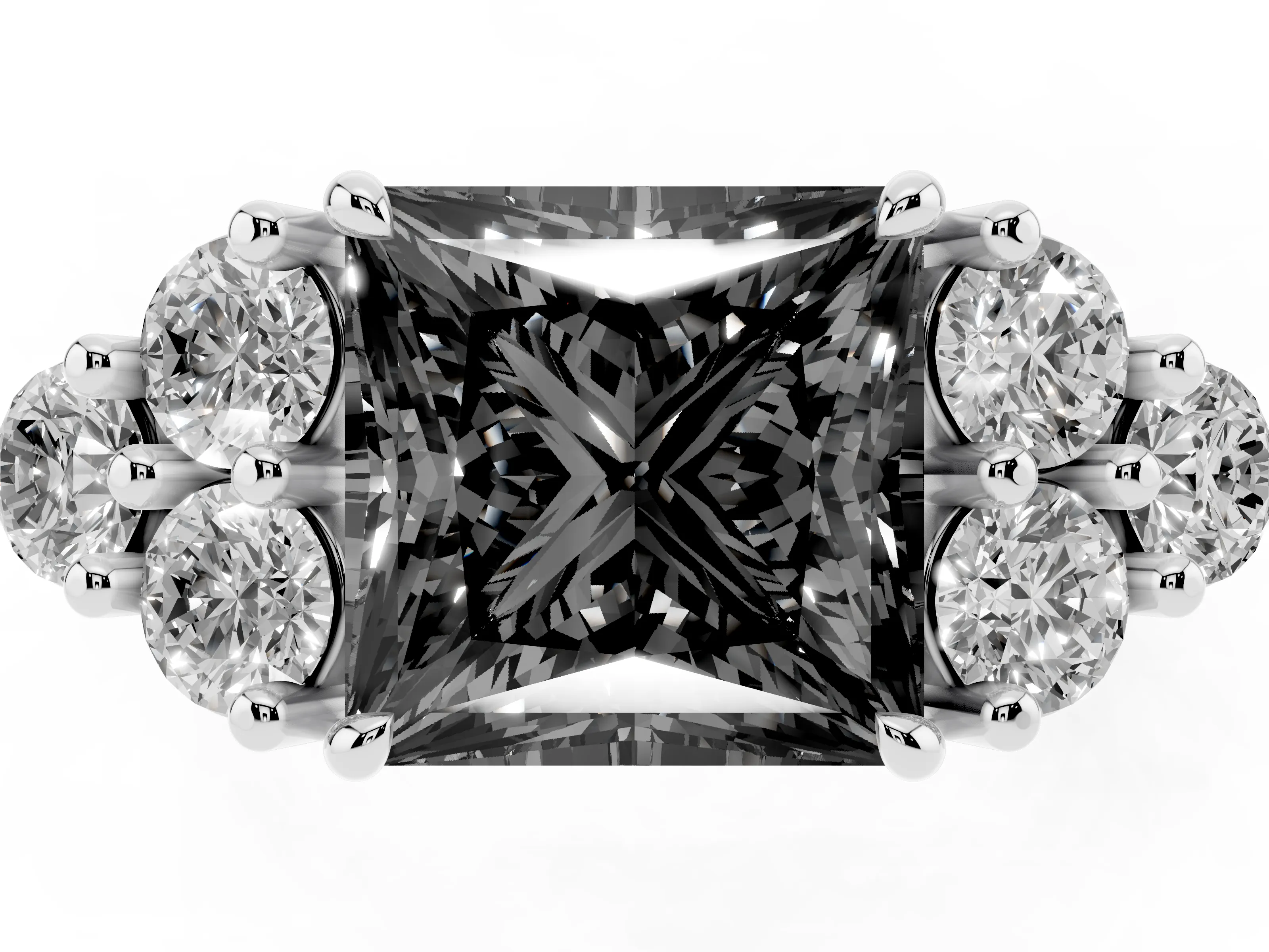 Fancy Black Princess Cut Diamond Solitaire Ring Set in Silver with Cluster Accents on Each Side