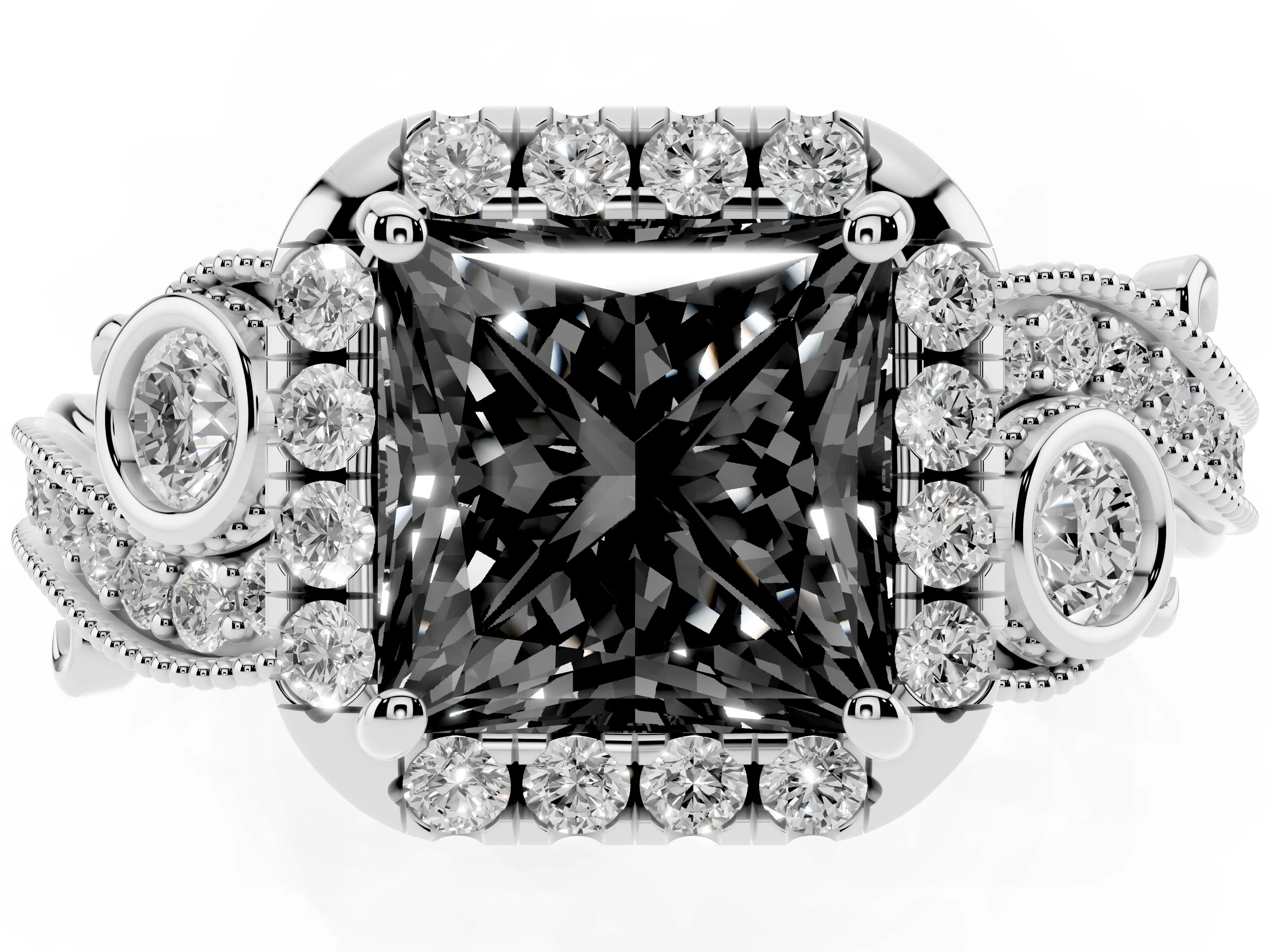 Fancy Black Princess Cut Diamond Halo Split Shank Ring Set in Silver with Milgrain and Bezel Accents