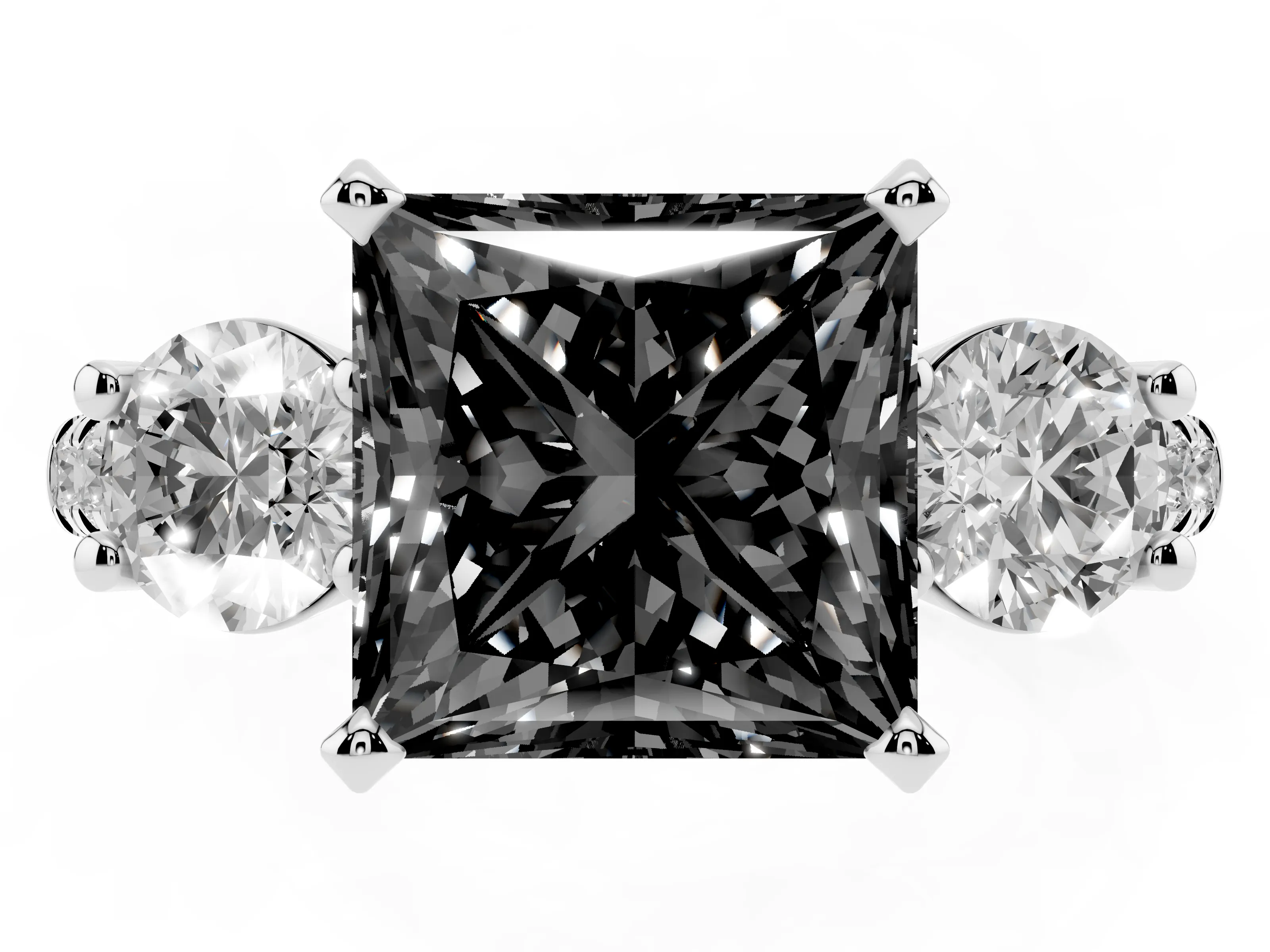 Fancy Black Three-Stone Princess Cut Diamond Pavé Band Ring Set in Platinum with Prong-Set Trio