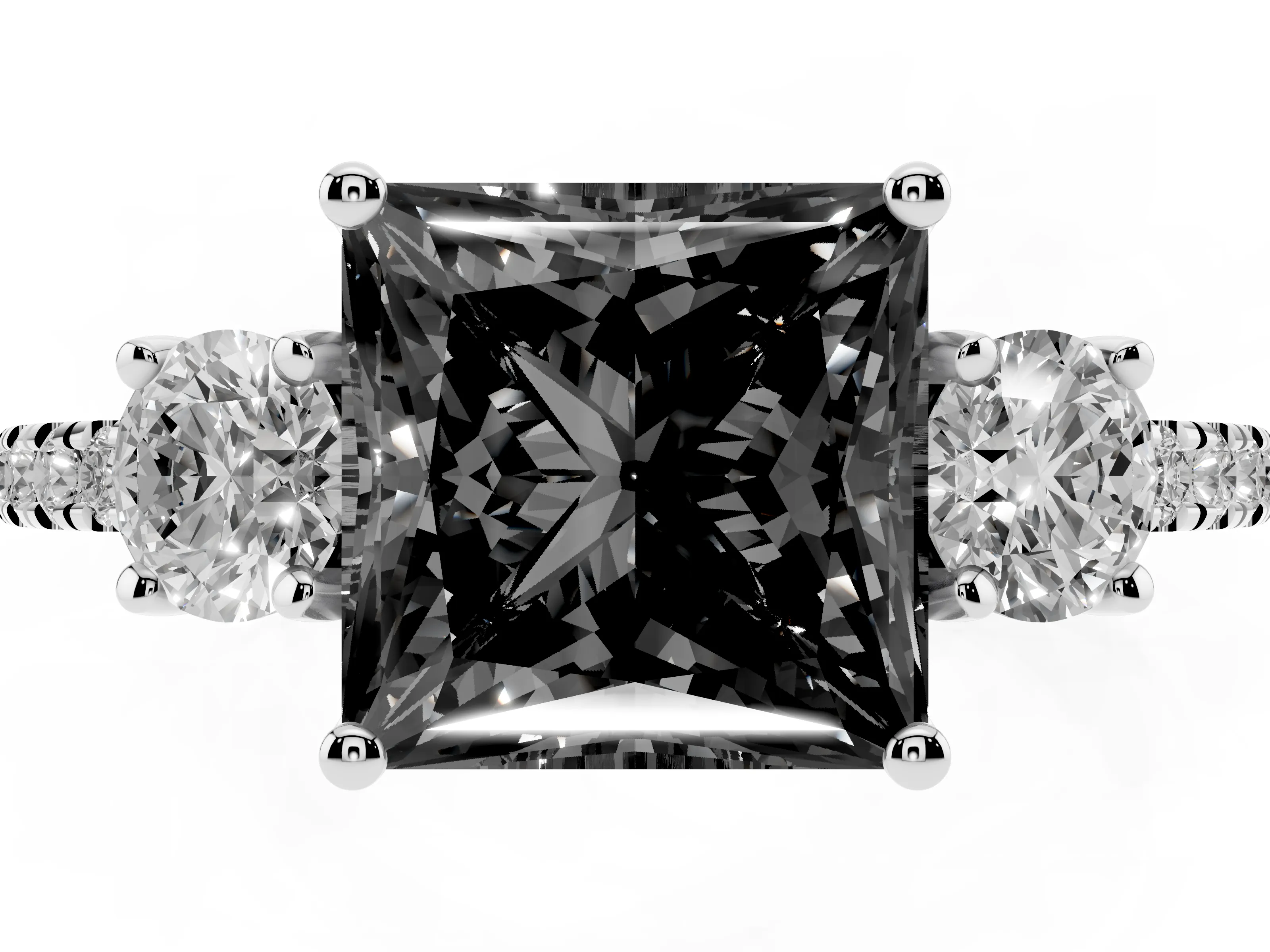Fancy Black Princess Cut Diamond Three-Stone Ring Set in White gold with Pavé Band and Graduated Sides